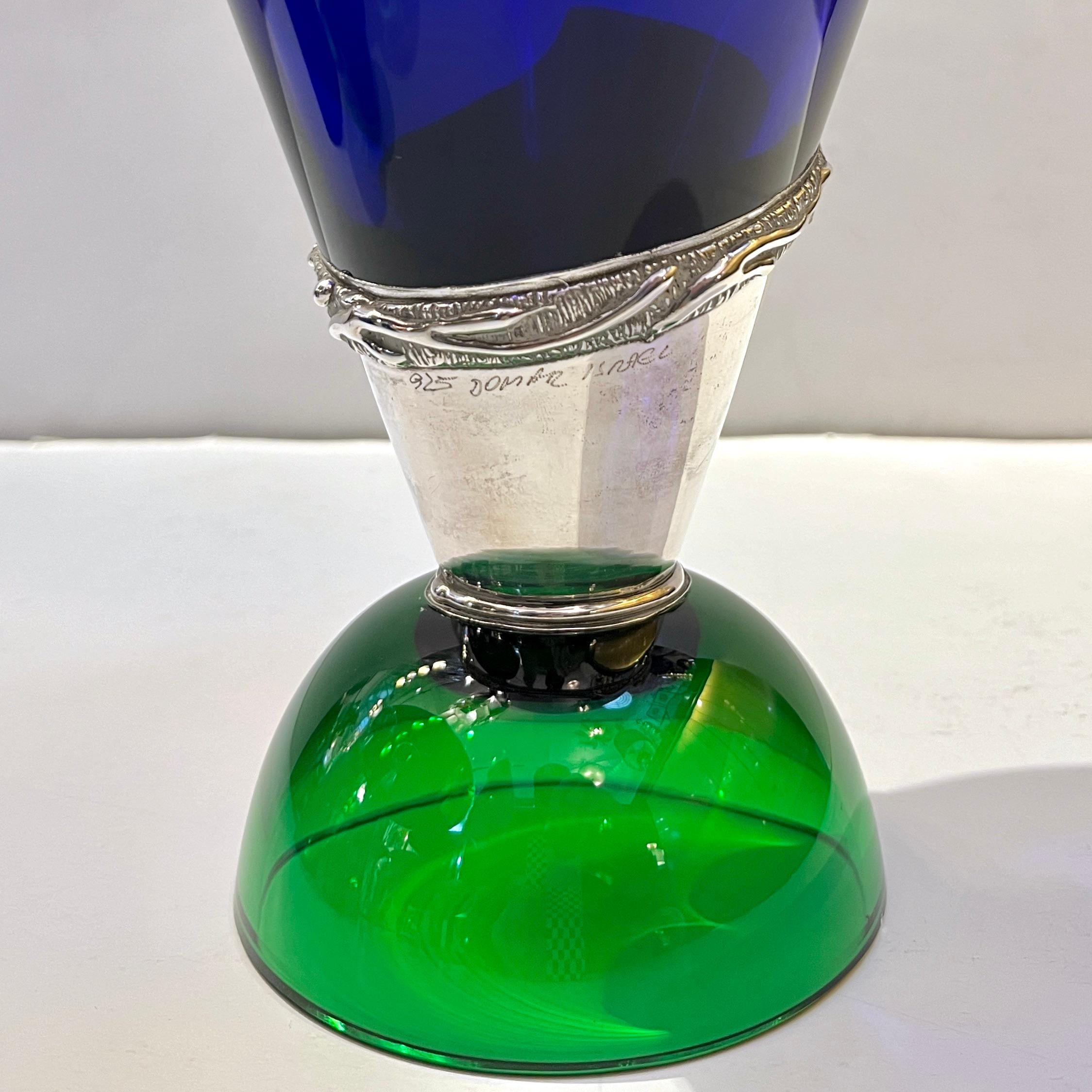 1980 Domar Israel Art Nouveau Style Green Cobalt Blue Glass Silver Bottle 4