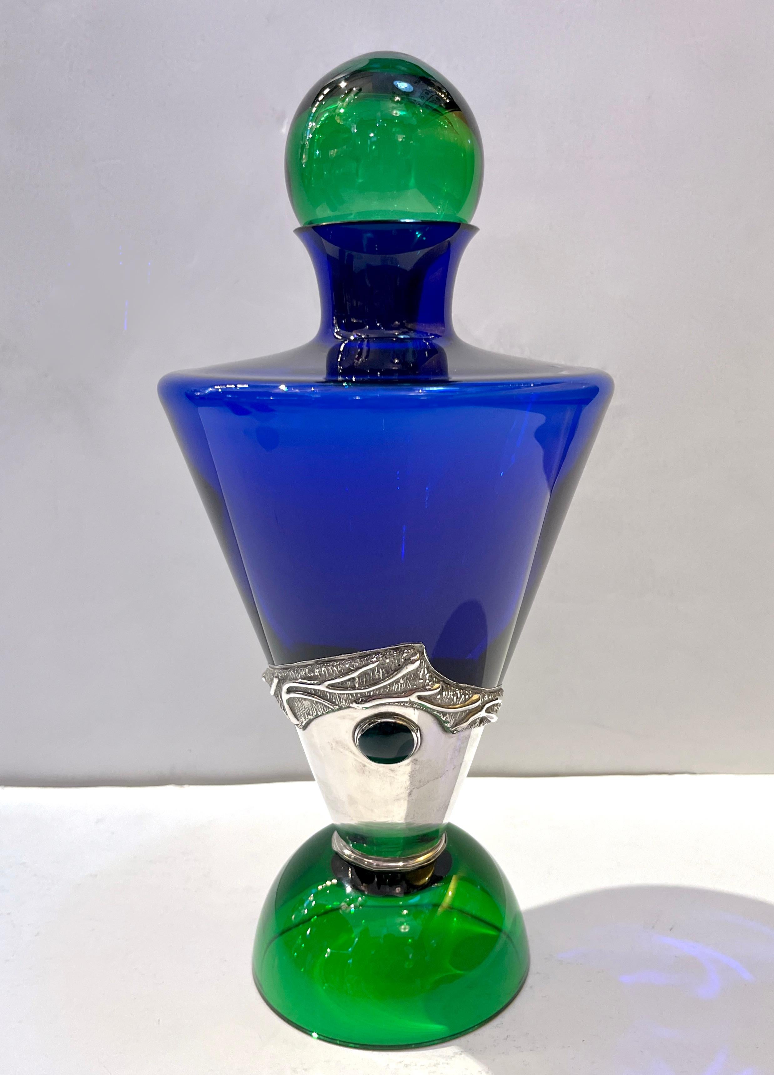 1980 Domar Israel Art Nouveau Style Green Cobalt Blue Glass Silver Bottle 6