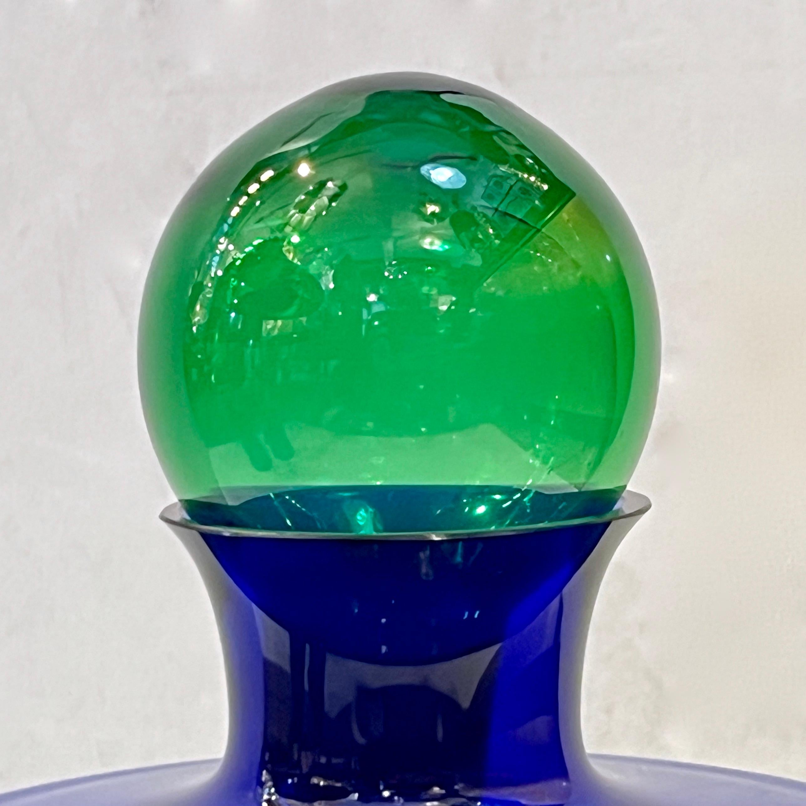 Hand-Carved 1980 Domar Israel Art Nouveau Style Green Cobalt Blue Glass Silver Bottle