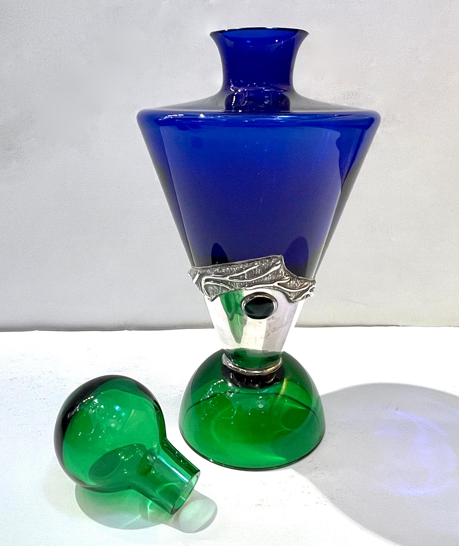 1980 Domar Israel Art Nouveau Style Green Cobalt Blue Glass Silver Bottle 1