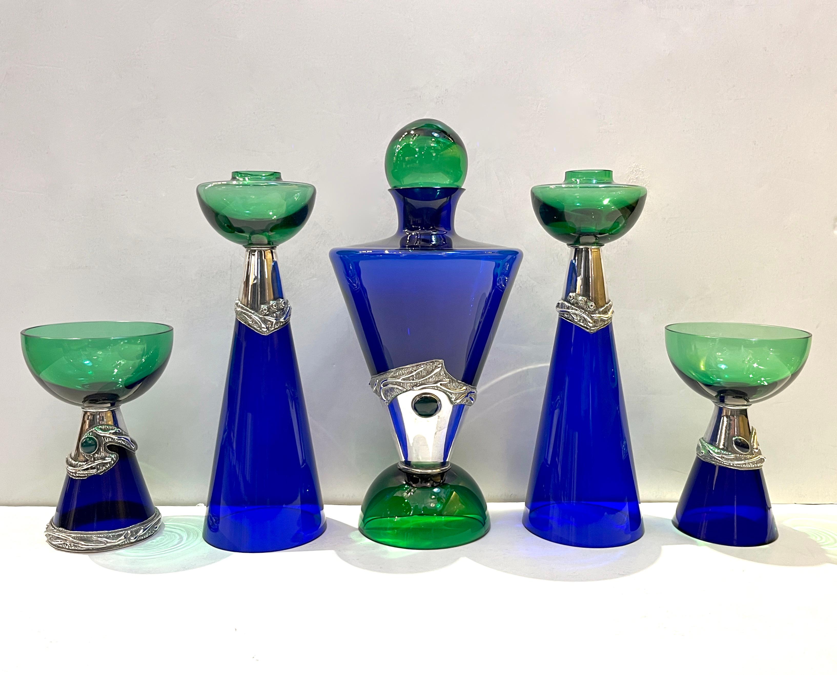 1980 Domar Israel Art Nouveau Style Green Cobalt Blue Glass Silver Bottle 2