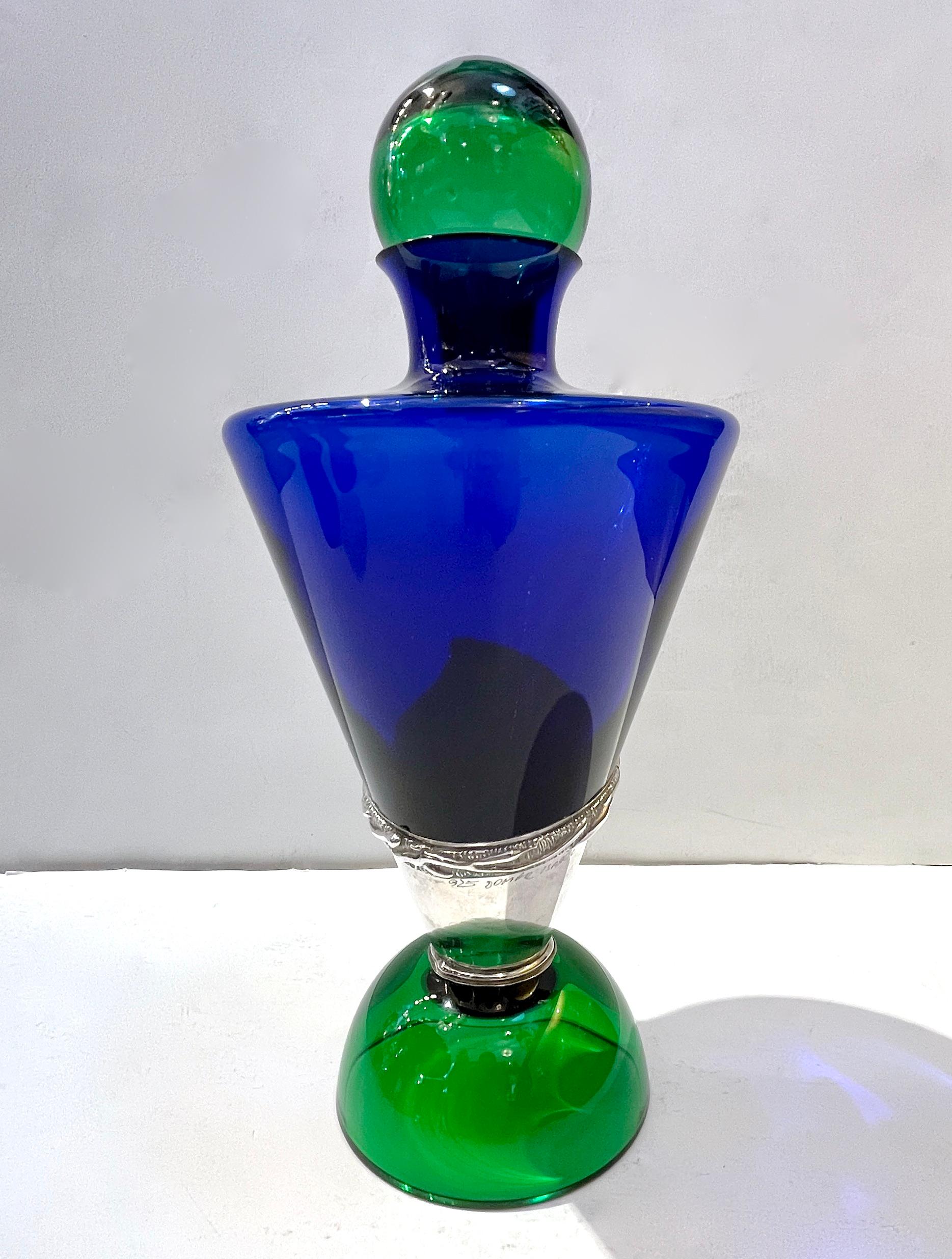 1980 Domar Israel Art Nouveau Style Green Cobalt Blue Glass Silver Bottle 3