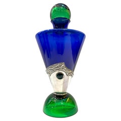 1980 Domar Israel Art Nouveau Style Green Cobalt Blue Glass Silver Bottle