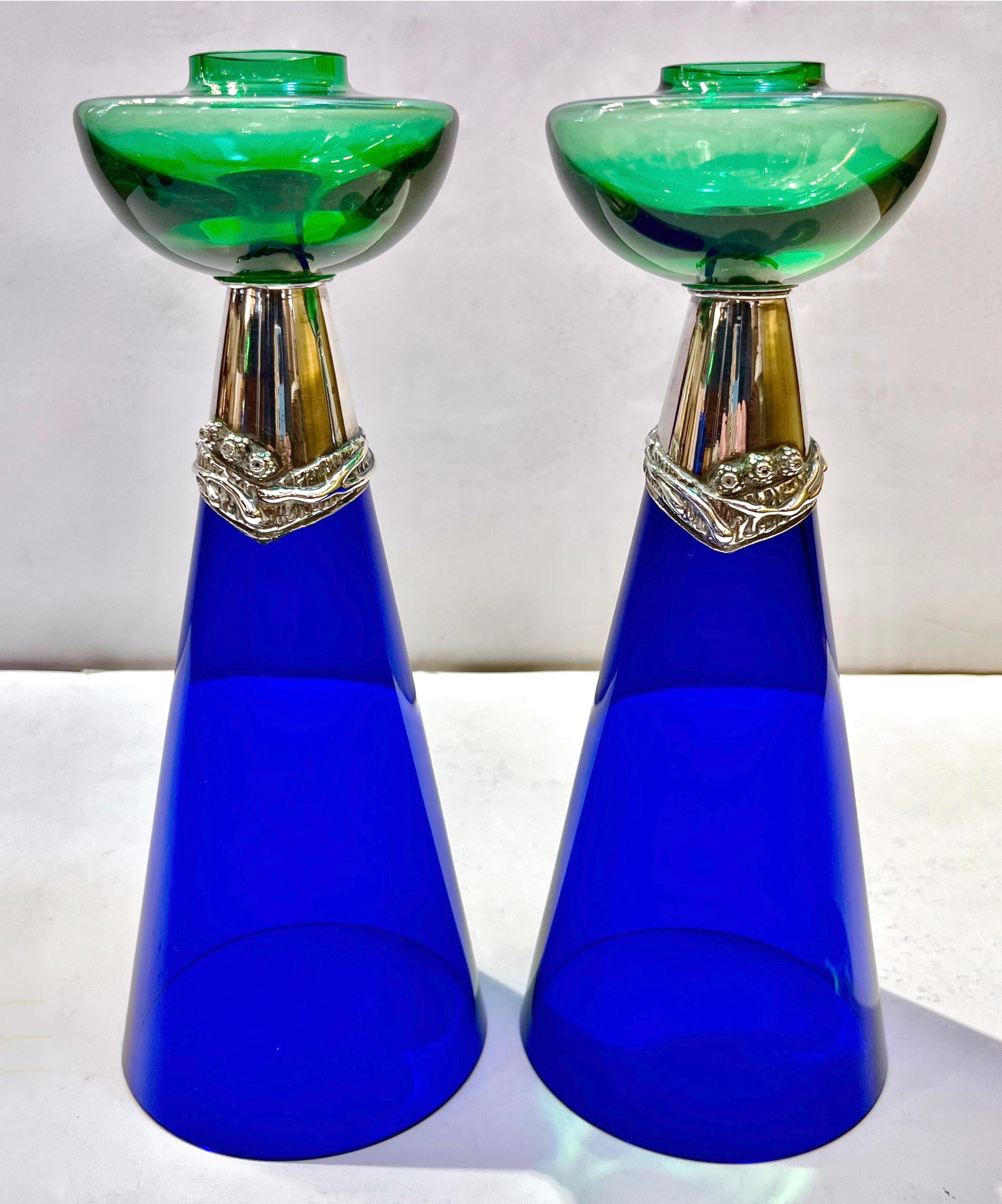 1980 Domar Israel Art Nouveau Style Green Cobalt Blue Glass Silver Candleholders 3