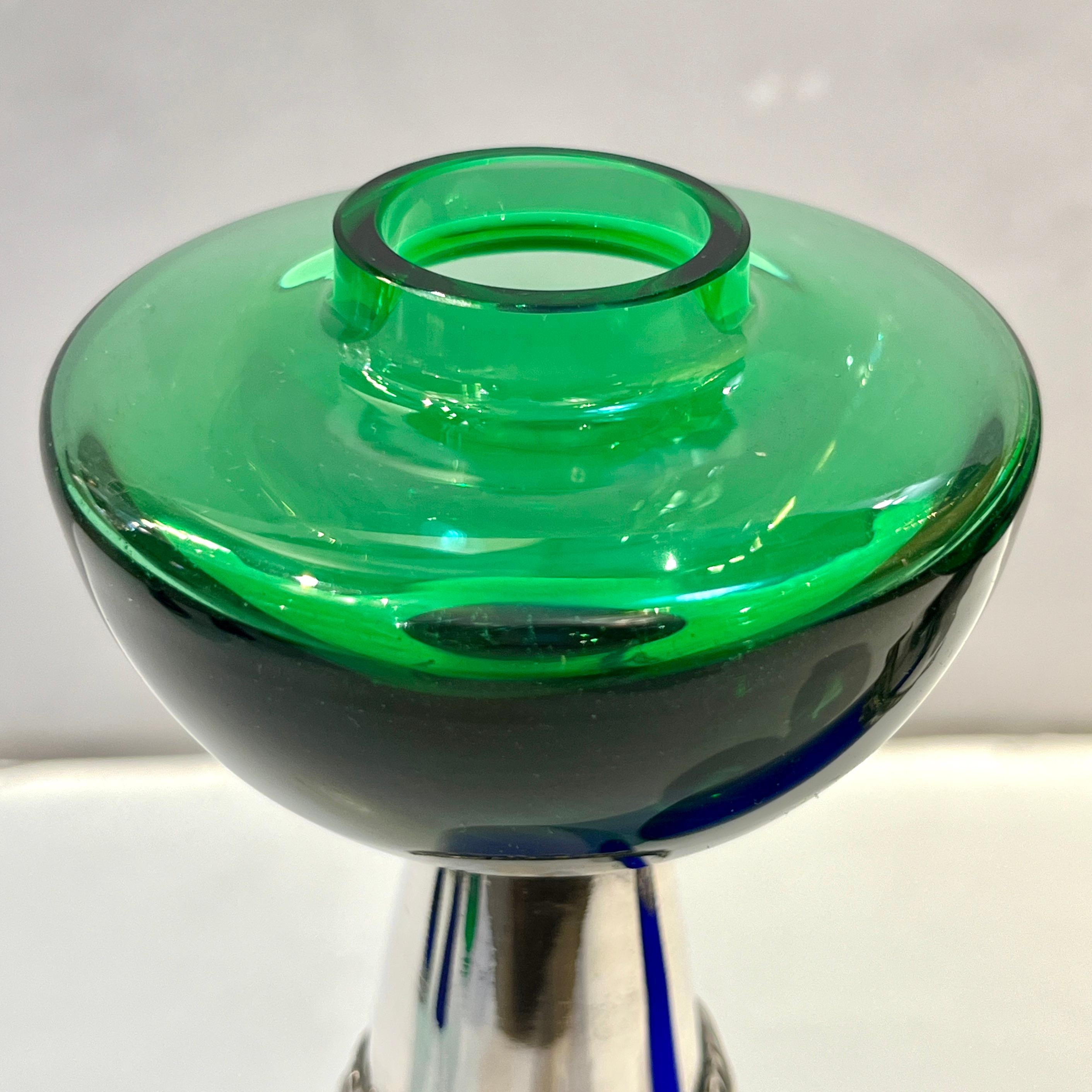 Israeli 1980 Domar Israel Art Nouveau Style Green Cobalt Blue Glass Silver Candleholders
