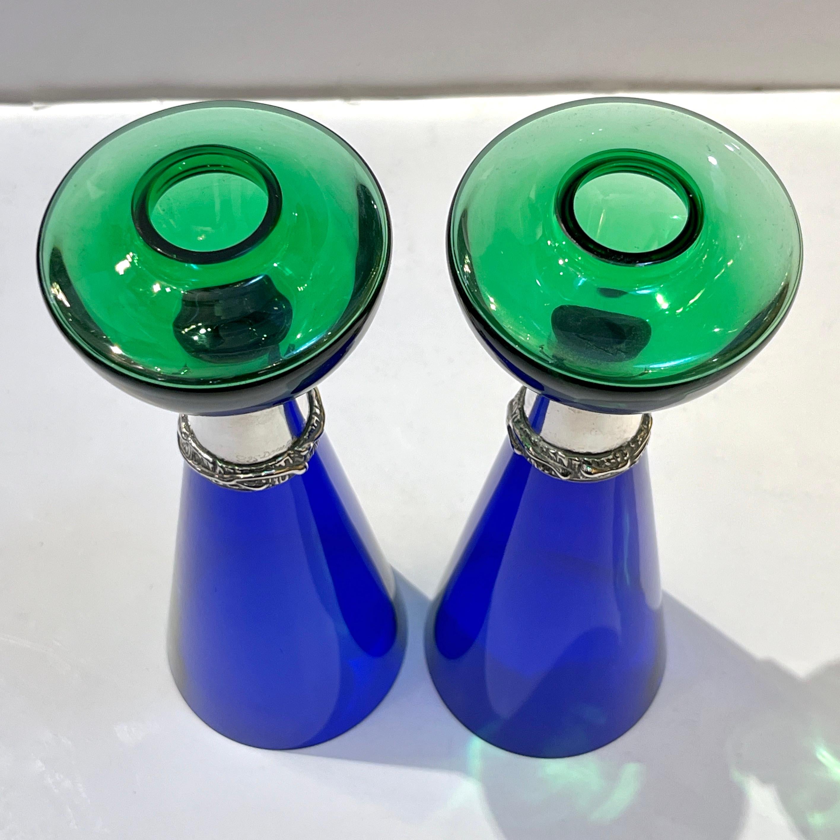 Hand-Carved 1980 Domar Israel Art Nouveau Style Green Cobalt Blue Glass Silver Candleholders