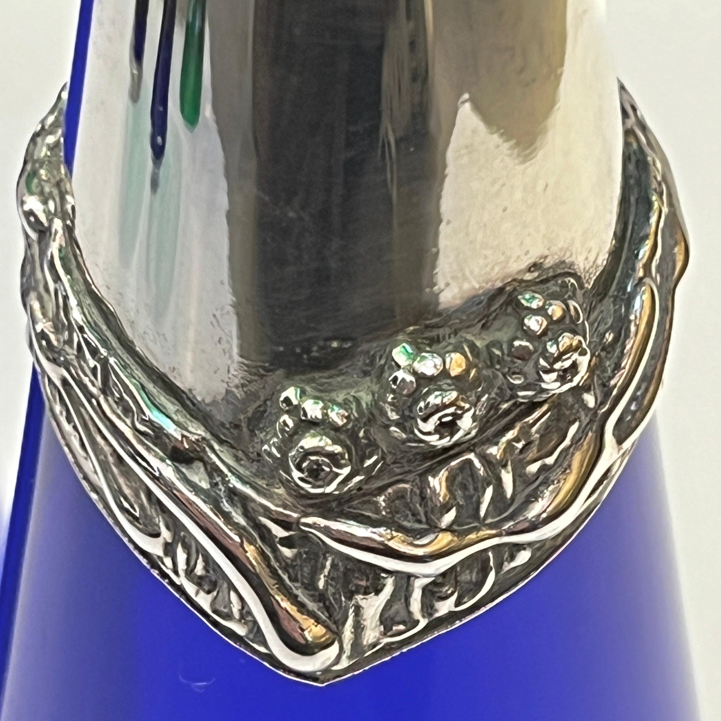 1980 Domar Israel Art Nouveau Style Green Cobalt Blue Glass Silver Candleholders In Good Condition In New York, NY