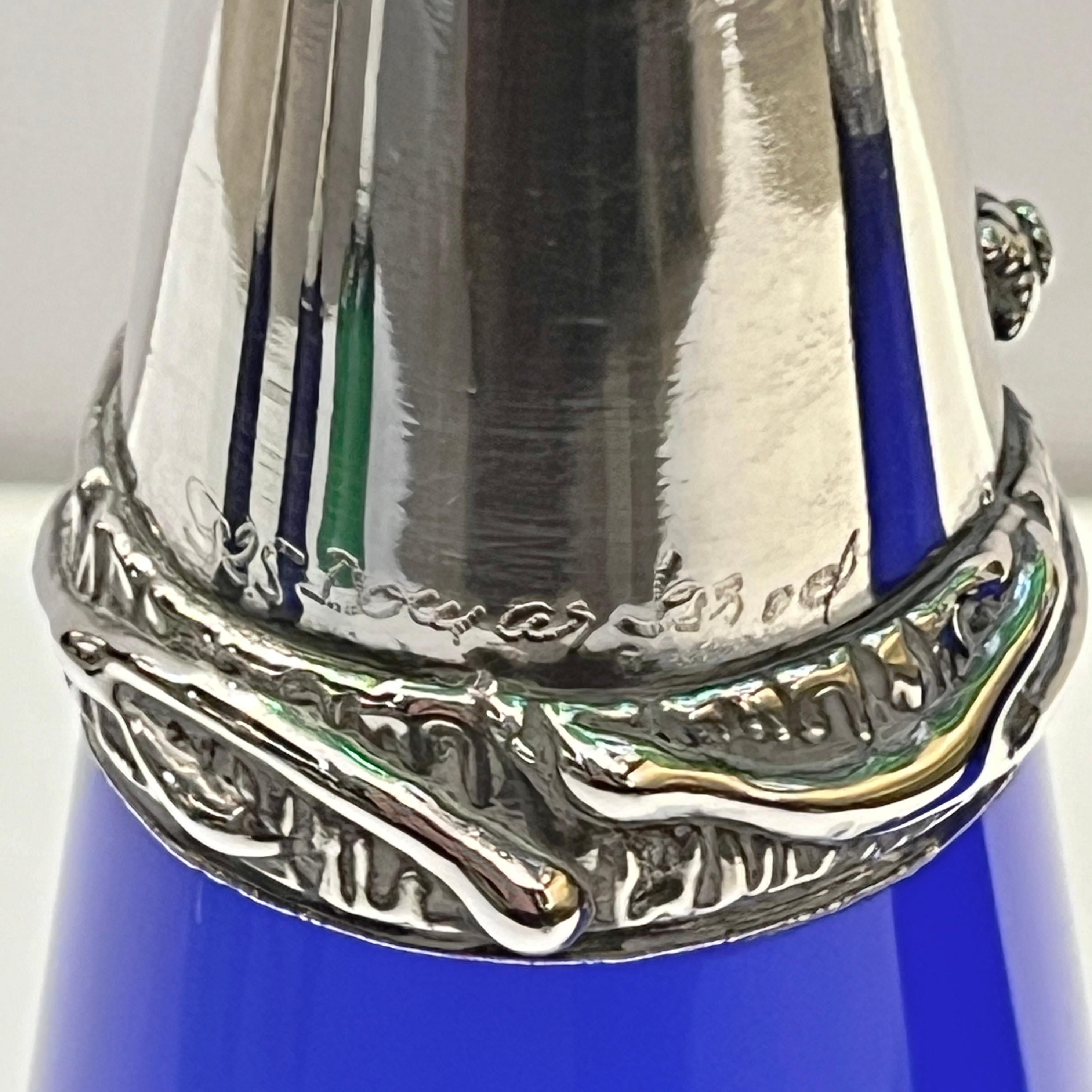 Late 20th Century 1980 Domar Israel Art Nouveau Style Green Cobalt Blue Glass Silver Candleholders