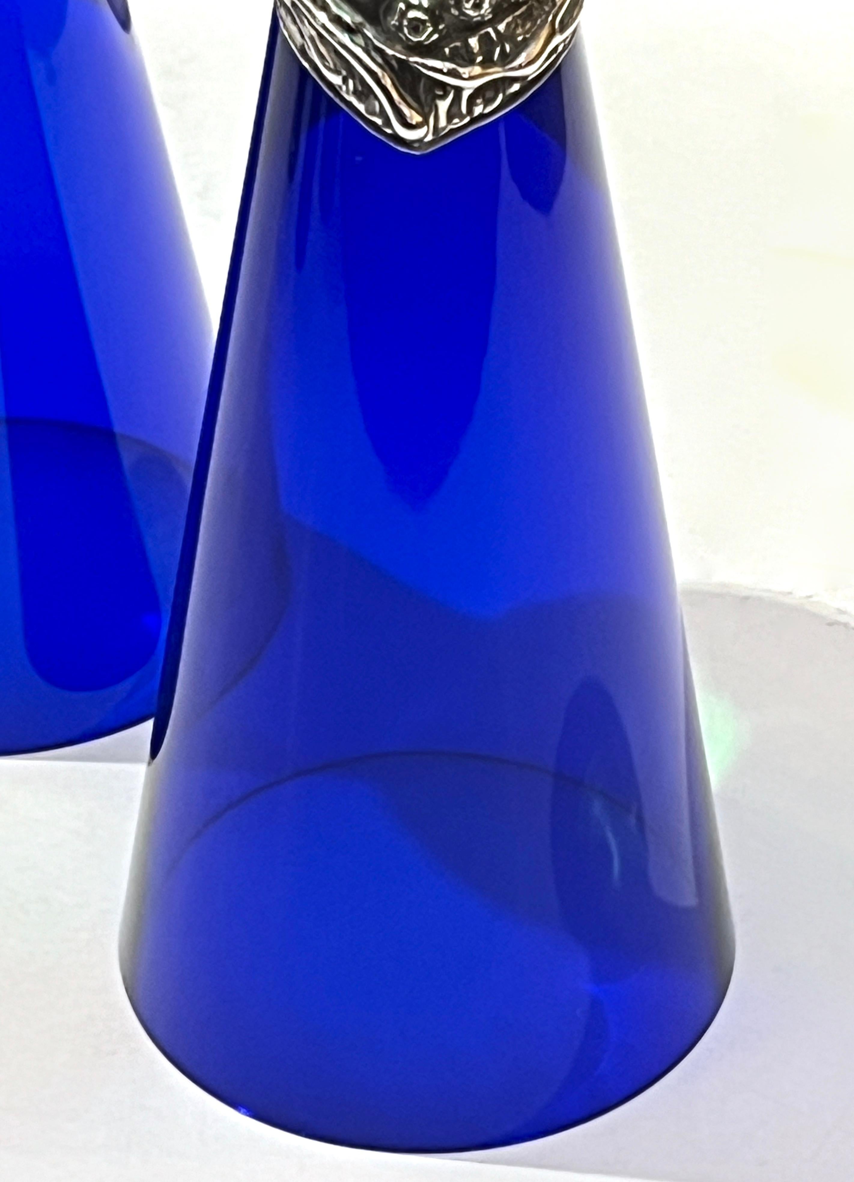 Art Glass 1980 Domar Israel Art Nouveau Style Green Cobalt Blue Glass Silver Candleholders