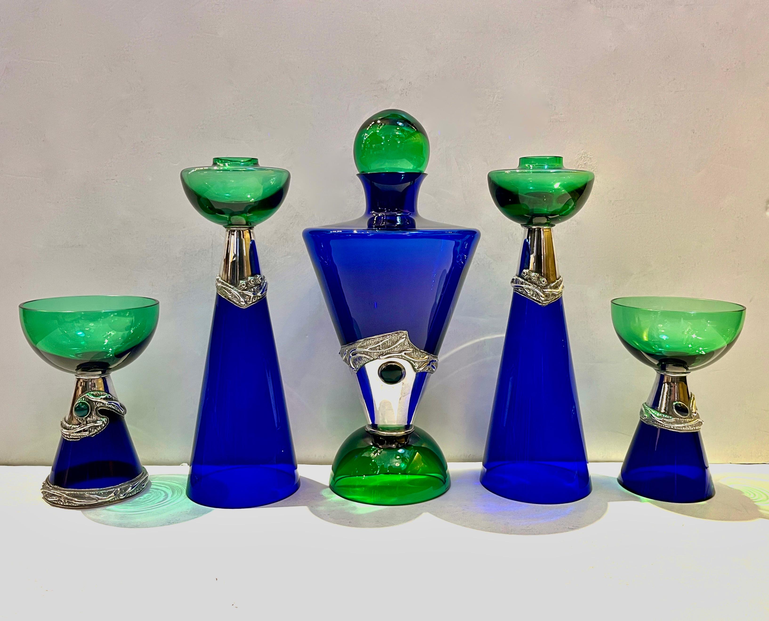 1980 Domar Israel Art Nouveau Style Green Cobalt Blue Glass Silver Candleholders 1