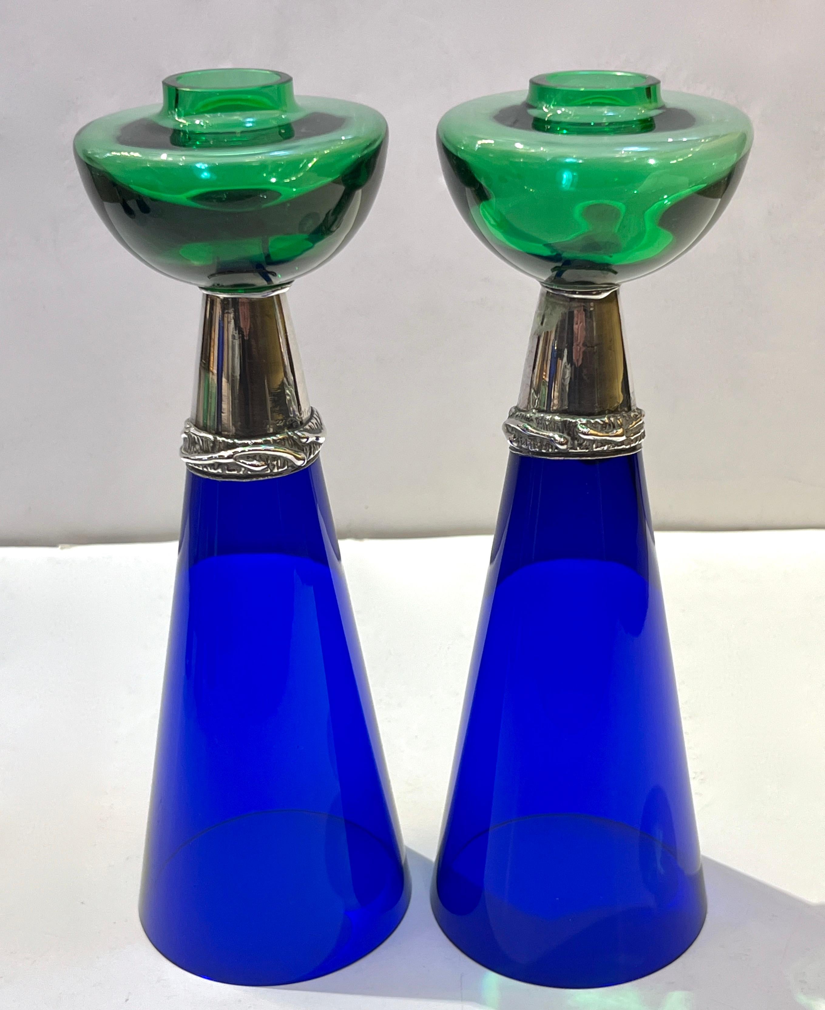 1980 Domar Israel Art Nouveau Style Green Cobalt Blue Glass Silver Candleholders 2