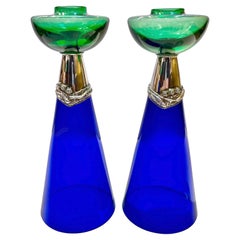 Vintage 1980 Domar Israel Art Nouveau Style Green Cobalt Blue Glass Silver Candleholders