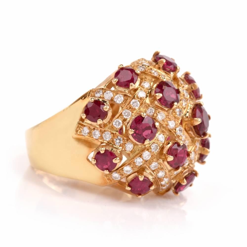 Modern 1980 Dome Design Ruby Diamond Yellow Gold Cocktail Ring