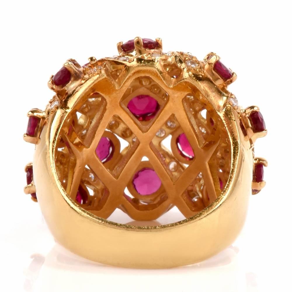 1980 Dome Design Ruby Diamond Yellow Gold Cocktail Ring In Excellent Condition In Miami, FL