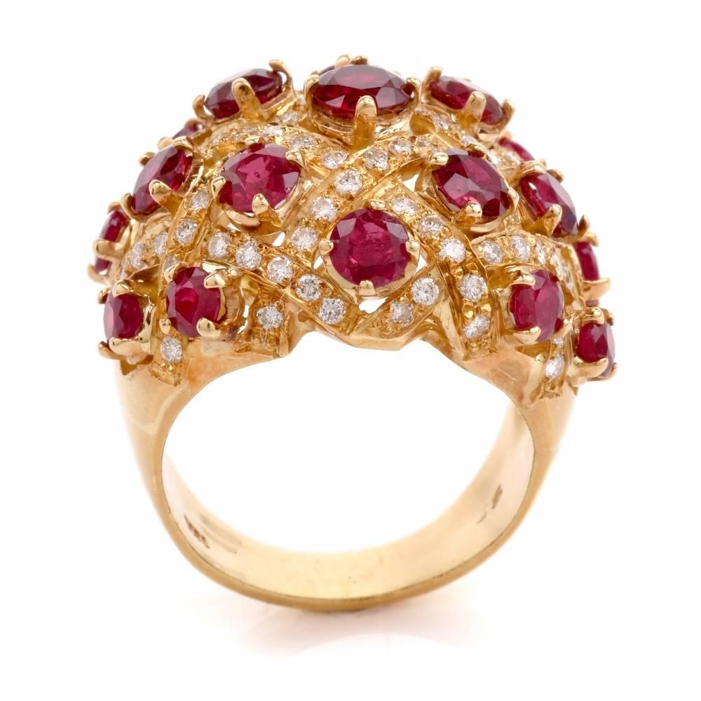 Women's 1980 Dome Design Ruby Diamond Yellow Gold Cocktail Ring