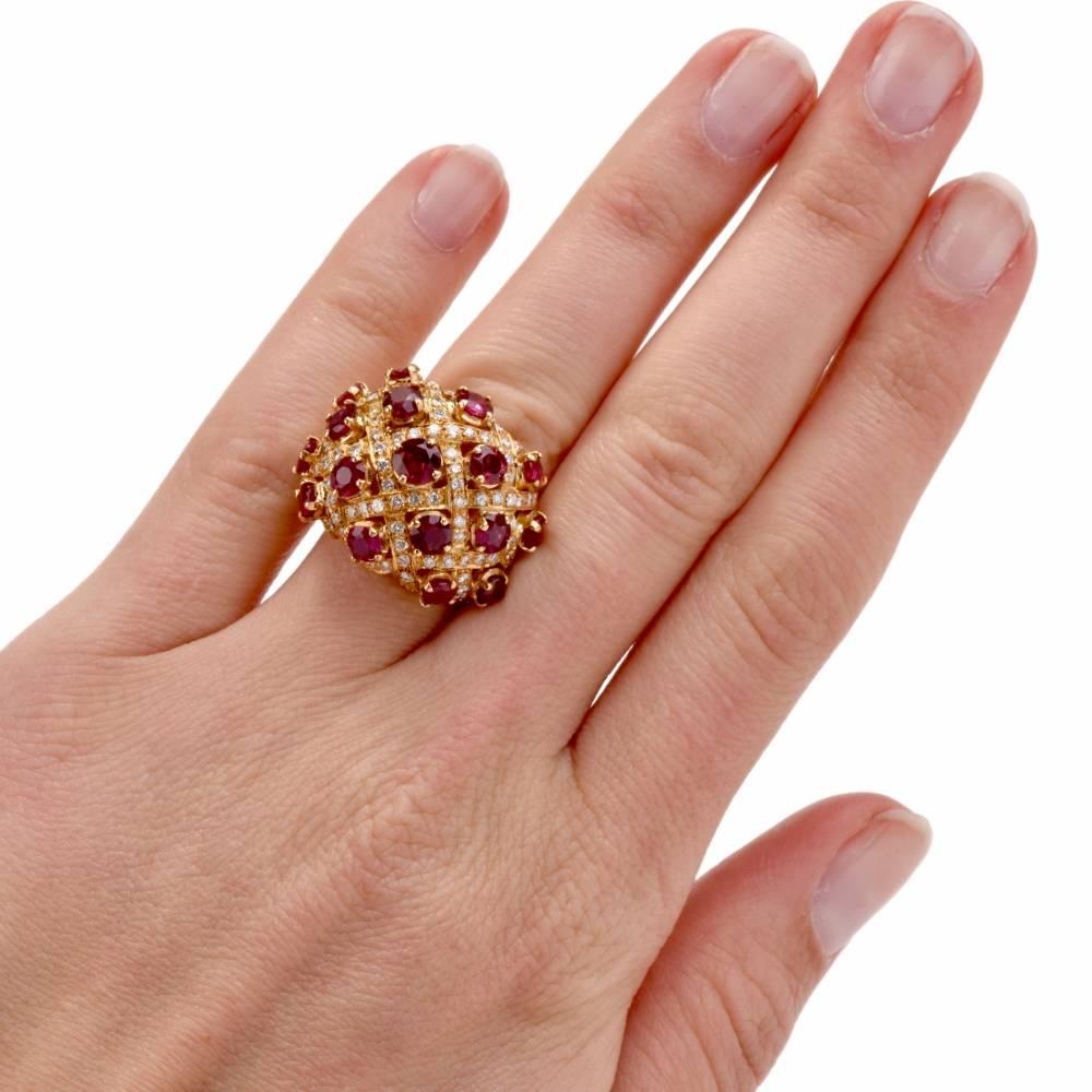 1980 Dome Design Ruby Diamond Yellow Gold Cocktail Ring 2