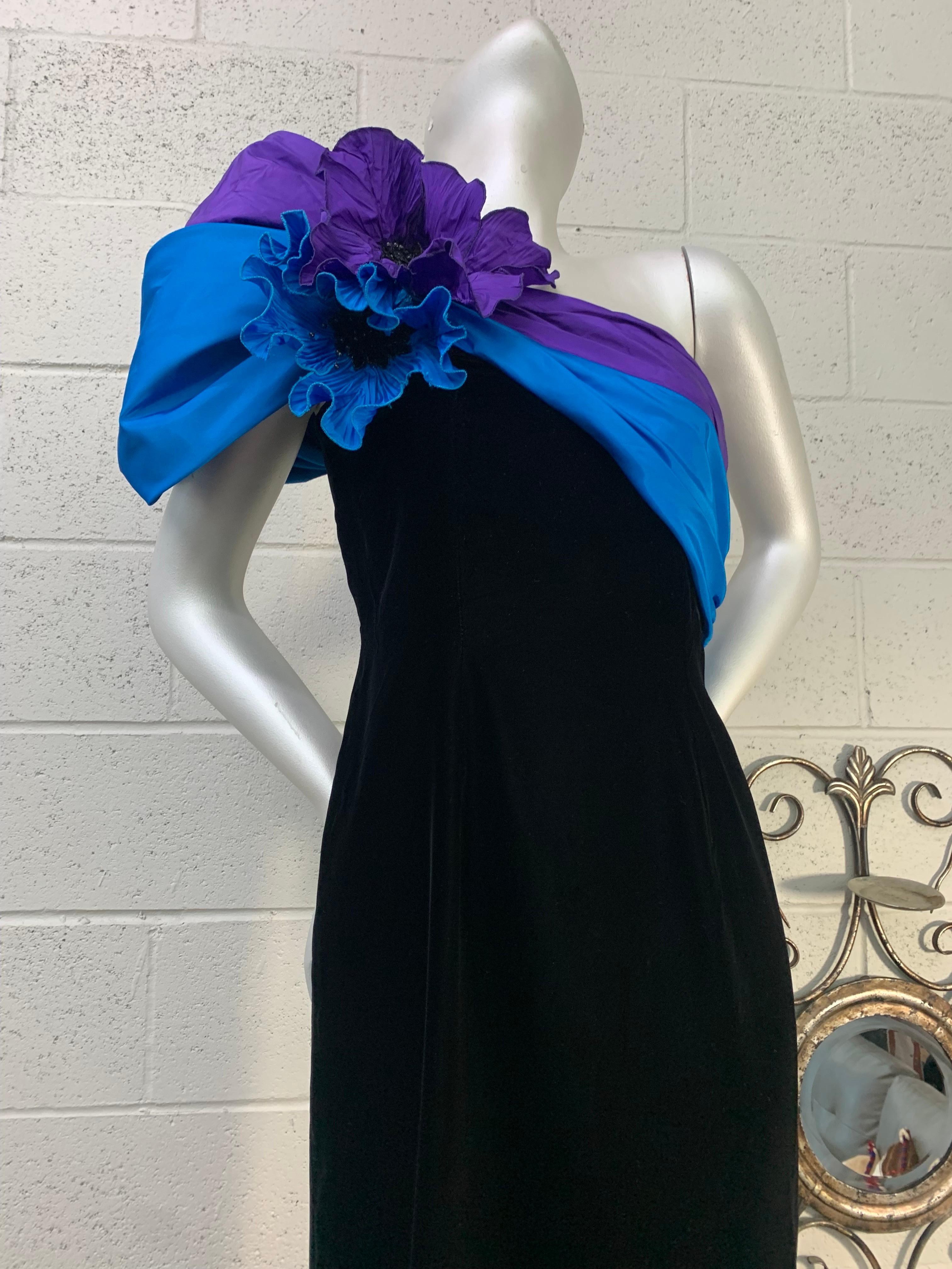 1980 Eugene Alexander Black Velvet Evening Gown w Cobalt & Purple Silk Sash  For Sale 6