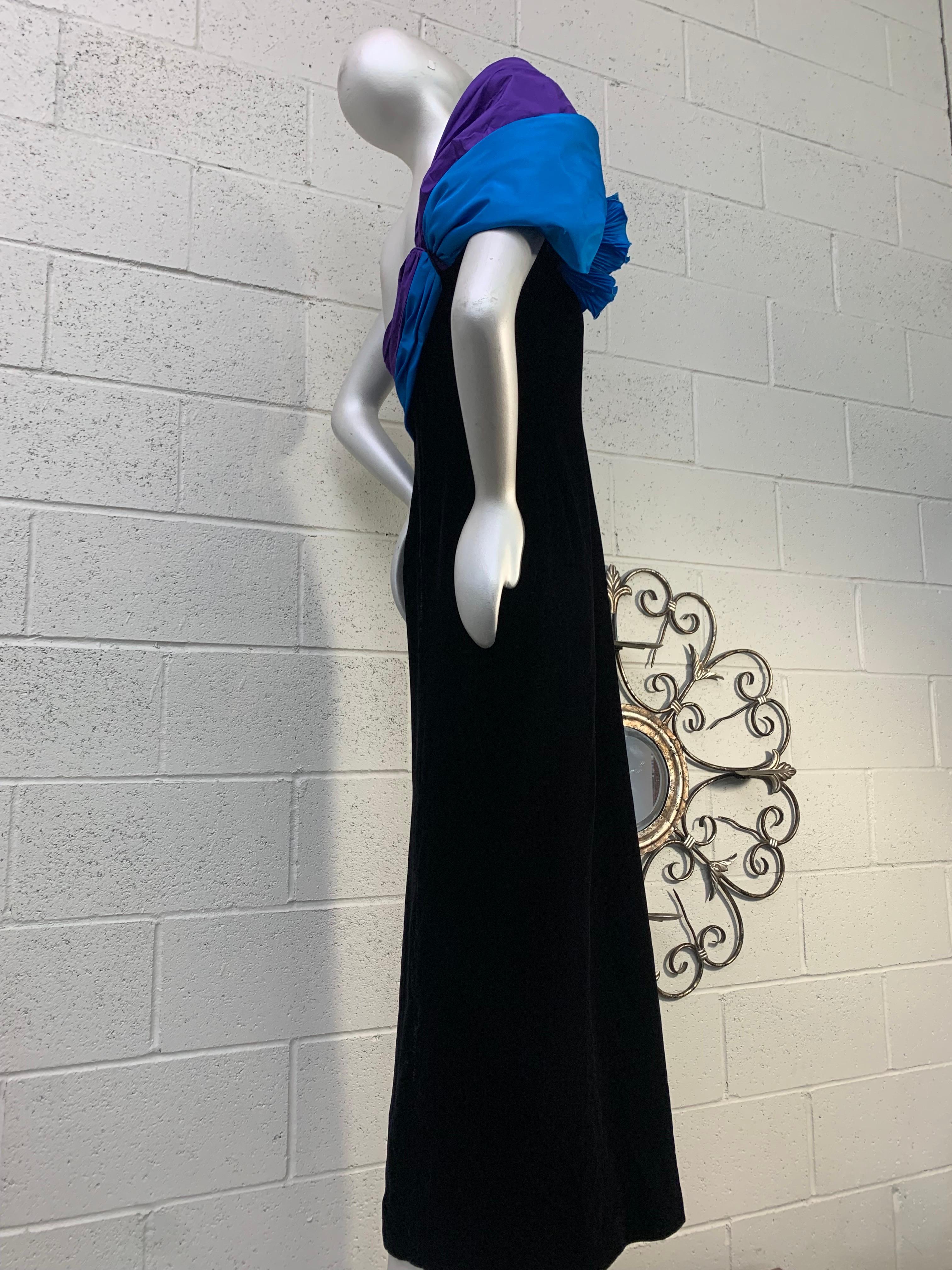 1980 Eugene Alexander Black Velvet Evening Gown w Cobalt & Purple Silk Sash  For Sale 7
