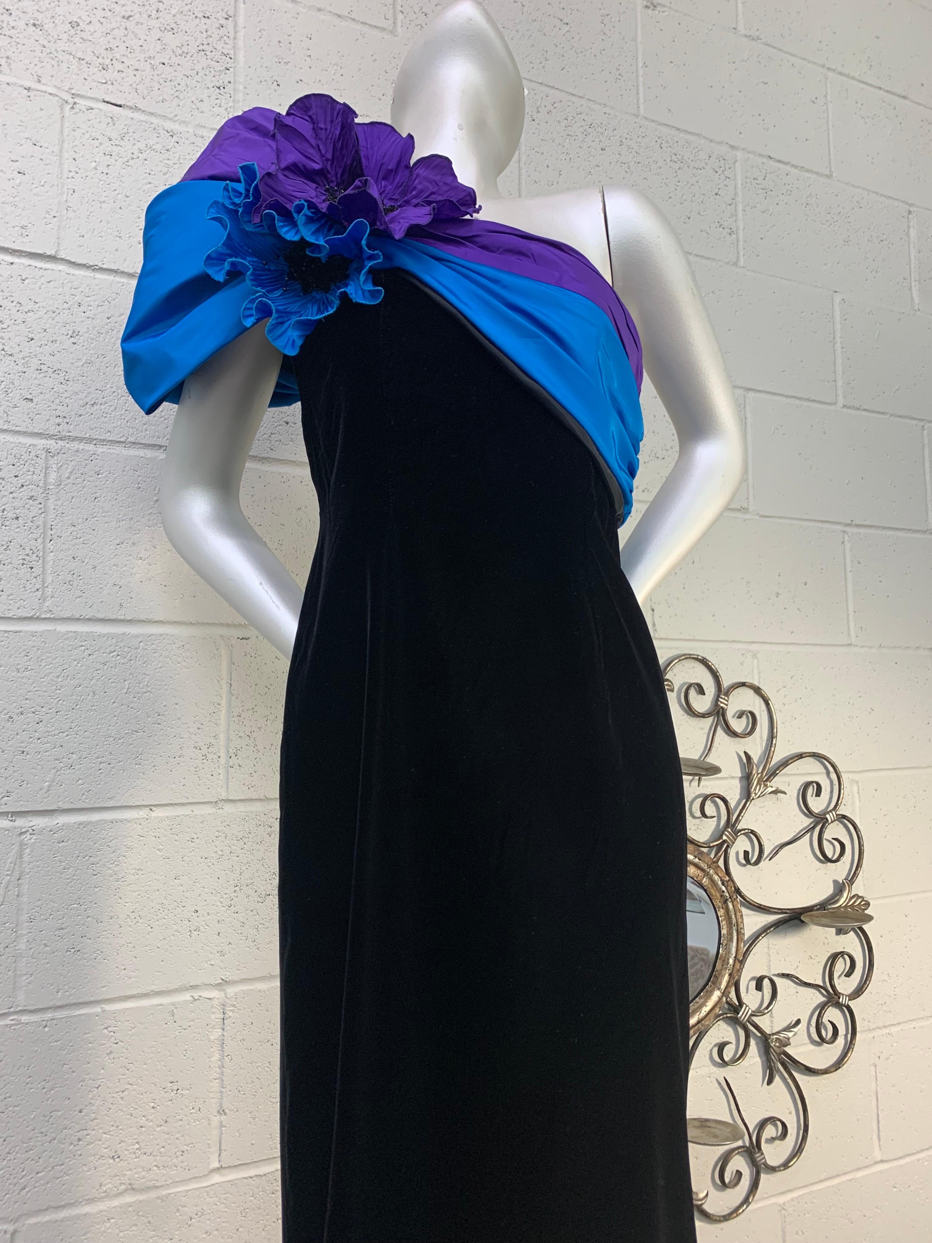1980 Eugene Alexander Black Velvet Evening Gown w Cobalt & Purple Silk Sash  For Sale 8