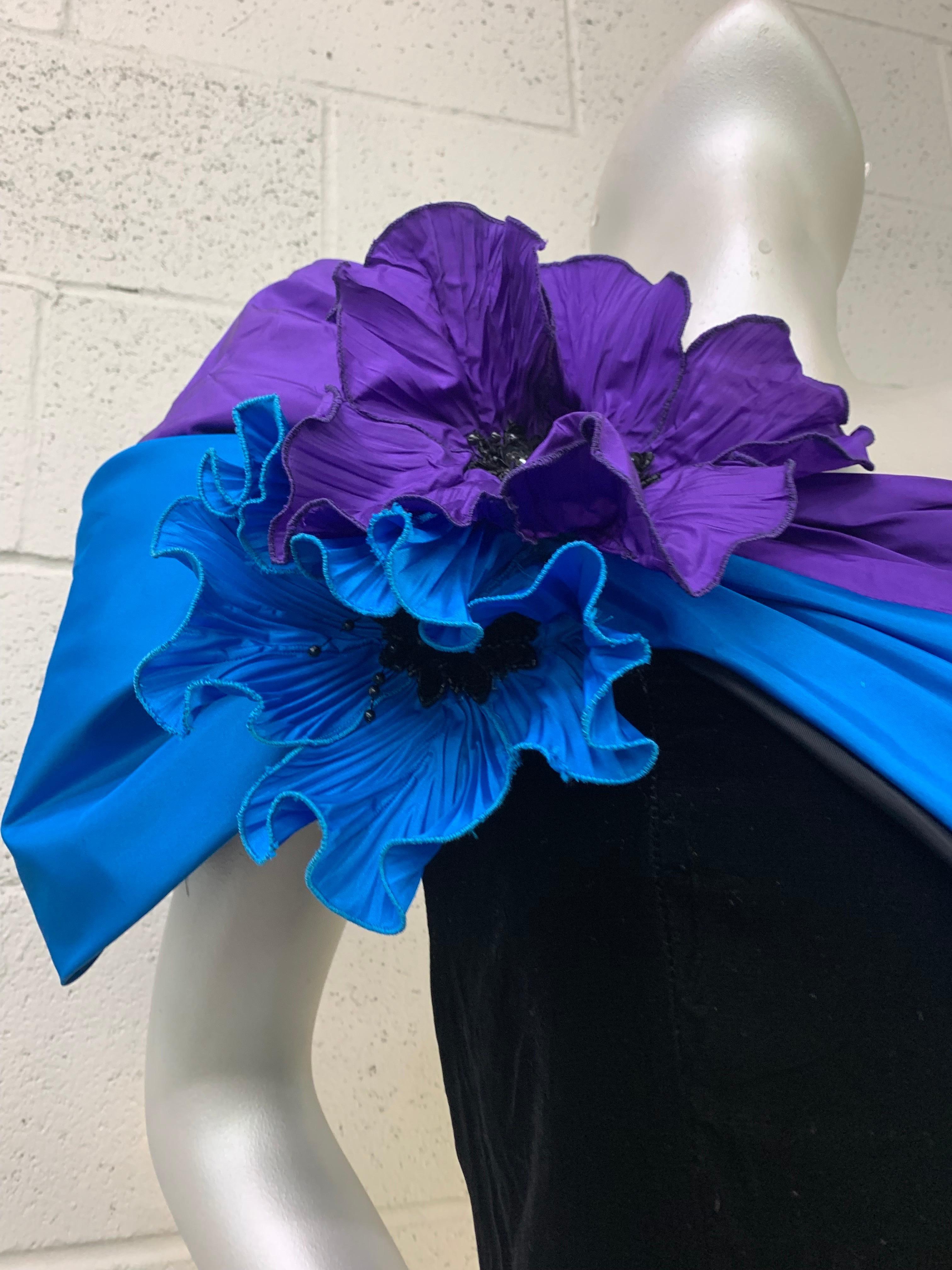 1980 Eugene Alexander Black Velvet Evening Gown w Cobalt & Purple Silk Sash  For Sale 9