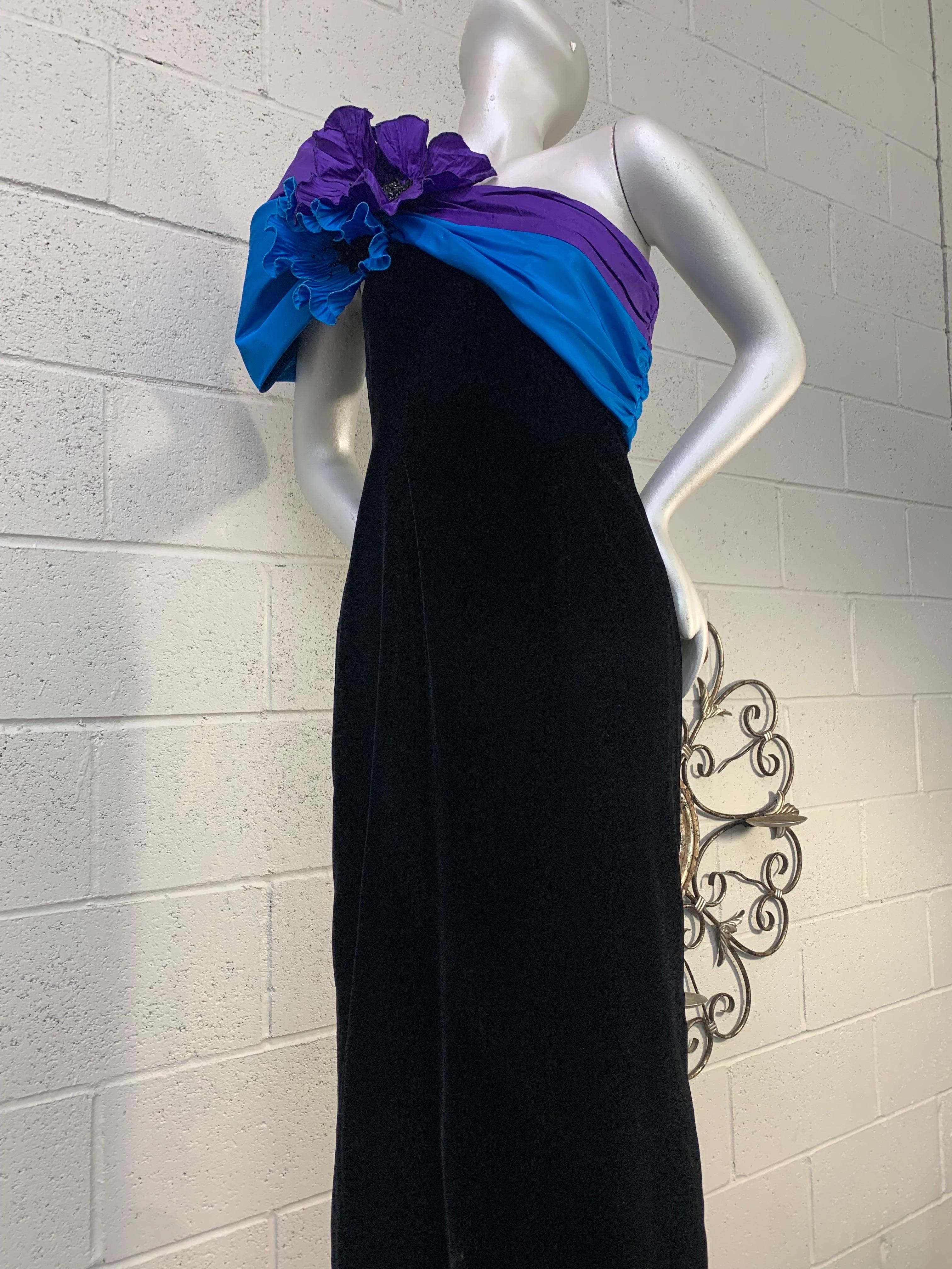 Women's 1980 Eugene Alexander Black Velvet Evening Gown w Cobalt & Purple Silk Sash  For Sale