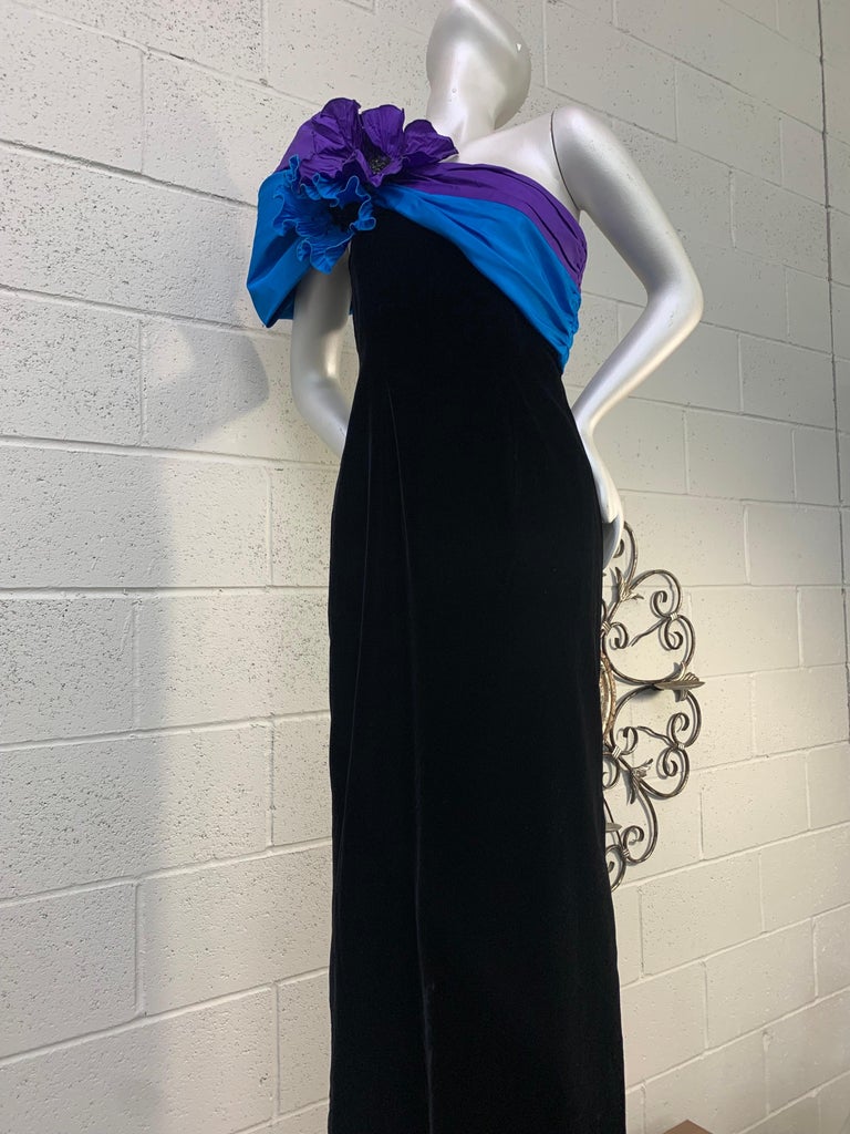 1980 Eugene Alexander Black Velvet Evening Gown w Cobalt and Purple Silk  Sash at 1stDibs