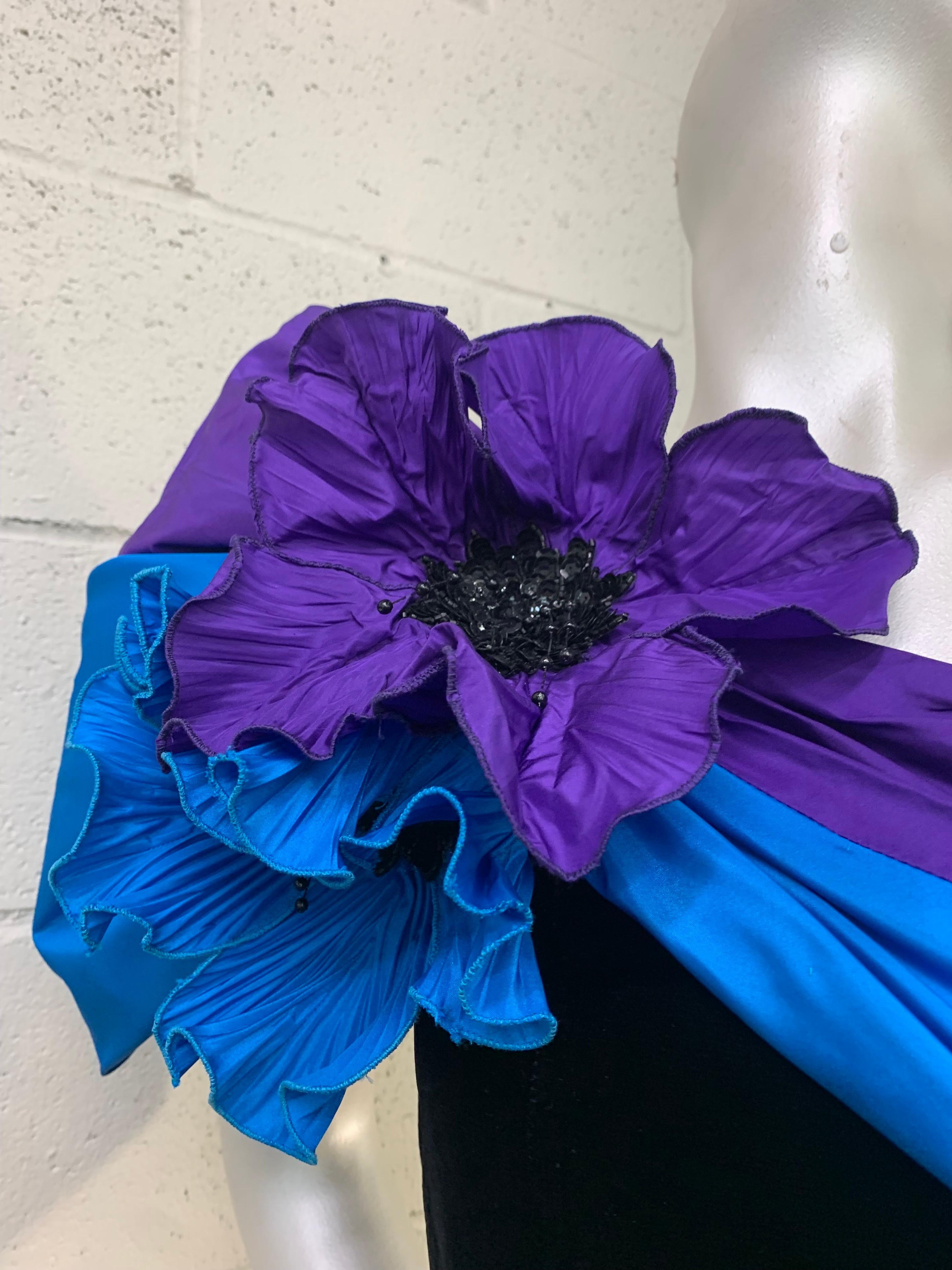 1980 Eugene Alexander Black Velvet Evening Gown w Cobalt & Purple Silk Sash  For Sale 2