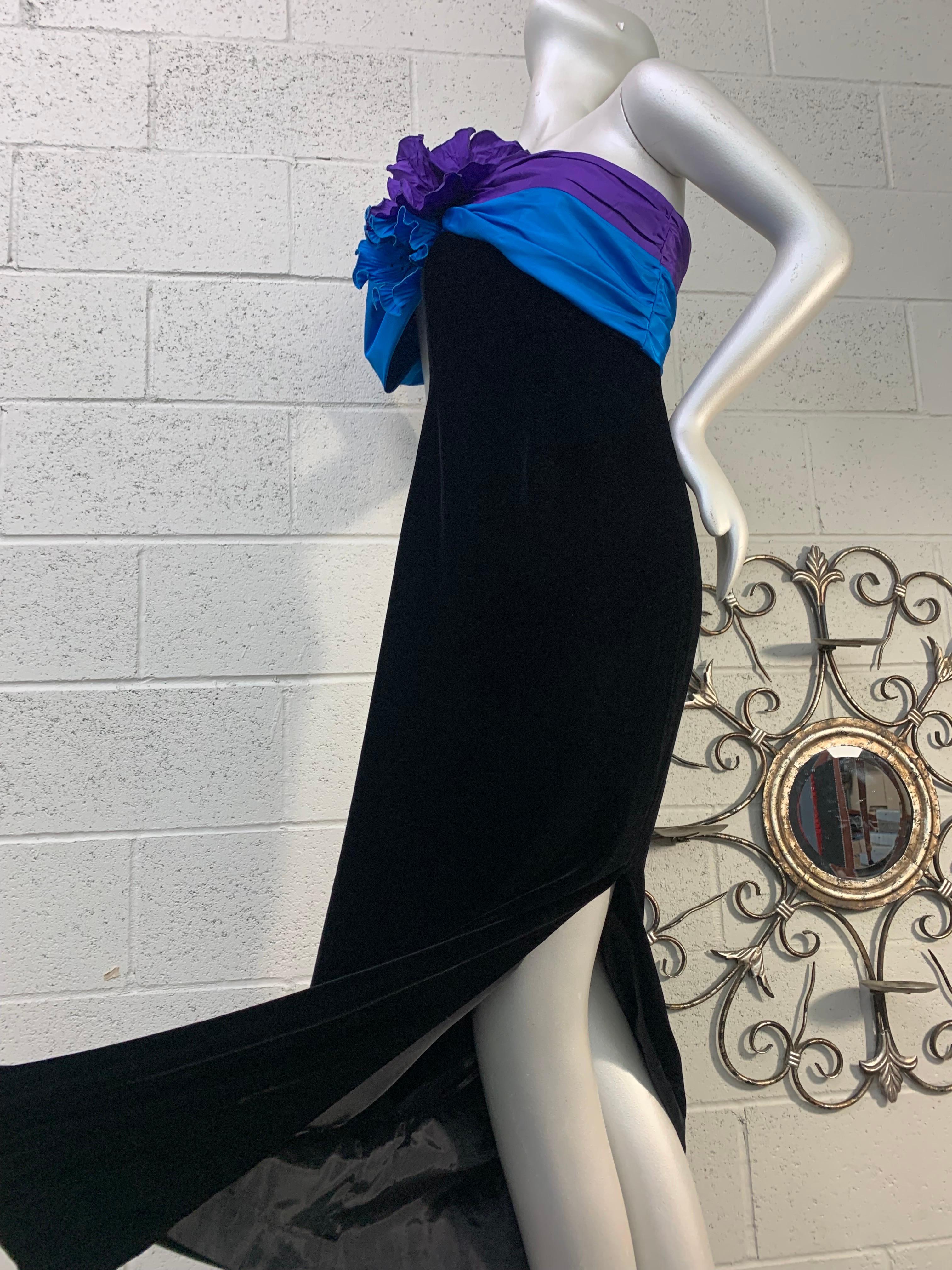 1980 Eugene Alexander Black Velvet Evening Gown w Cobalt & Purple Silk Sash  For Sale 4