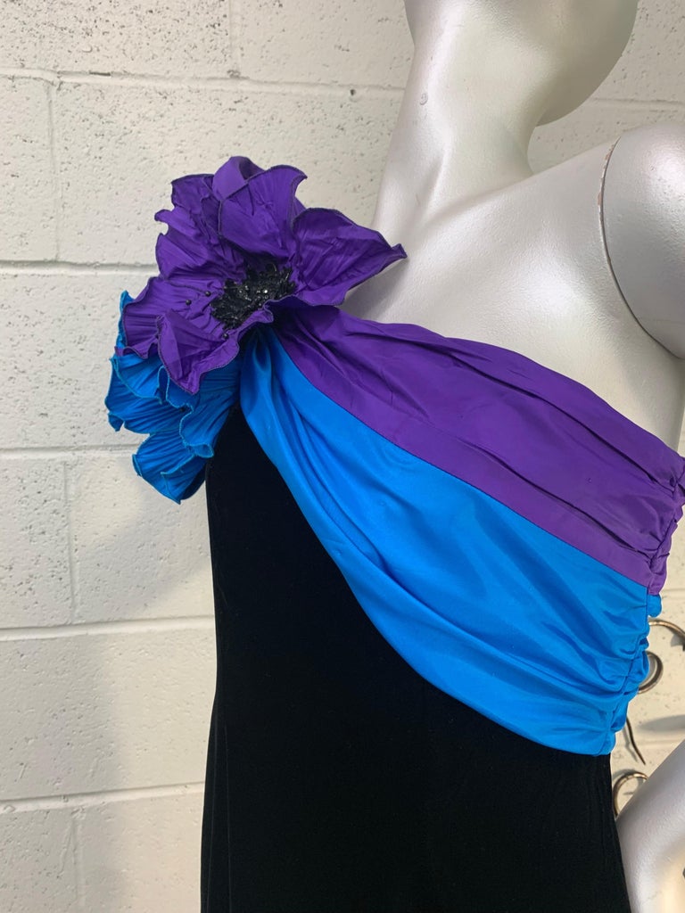 1980 Eugene Alexander Black Velvet Evening Gown w Cobalt and Purple Silk  Sash at 1stDibs