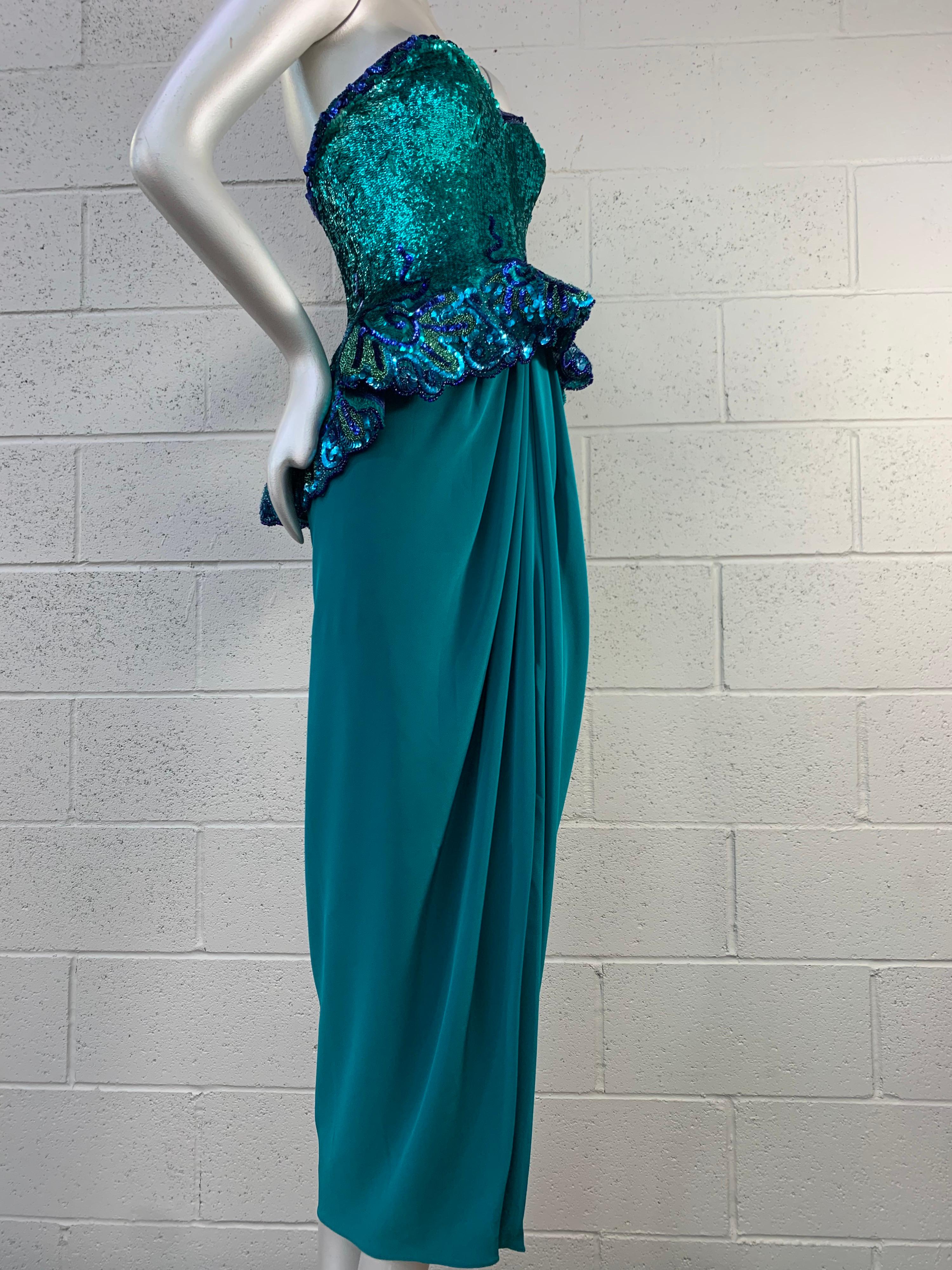 1980 Fabrice Lagoon Blue Sequin & Satin Strapless Gown w/ Voluminous Peplum For Sale 5