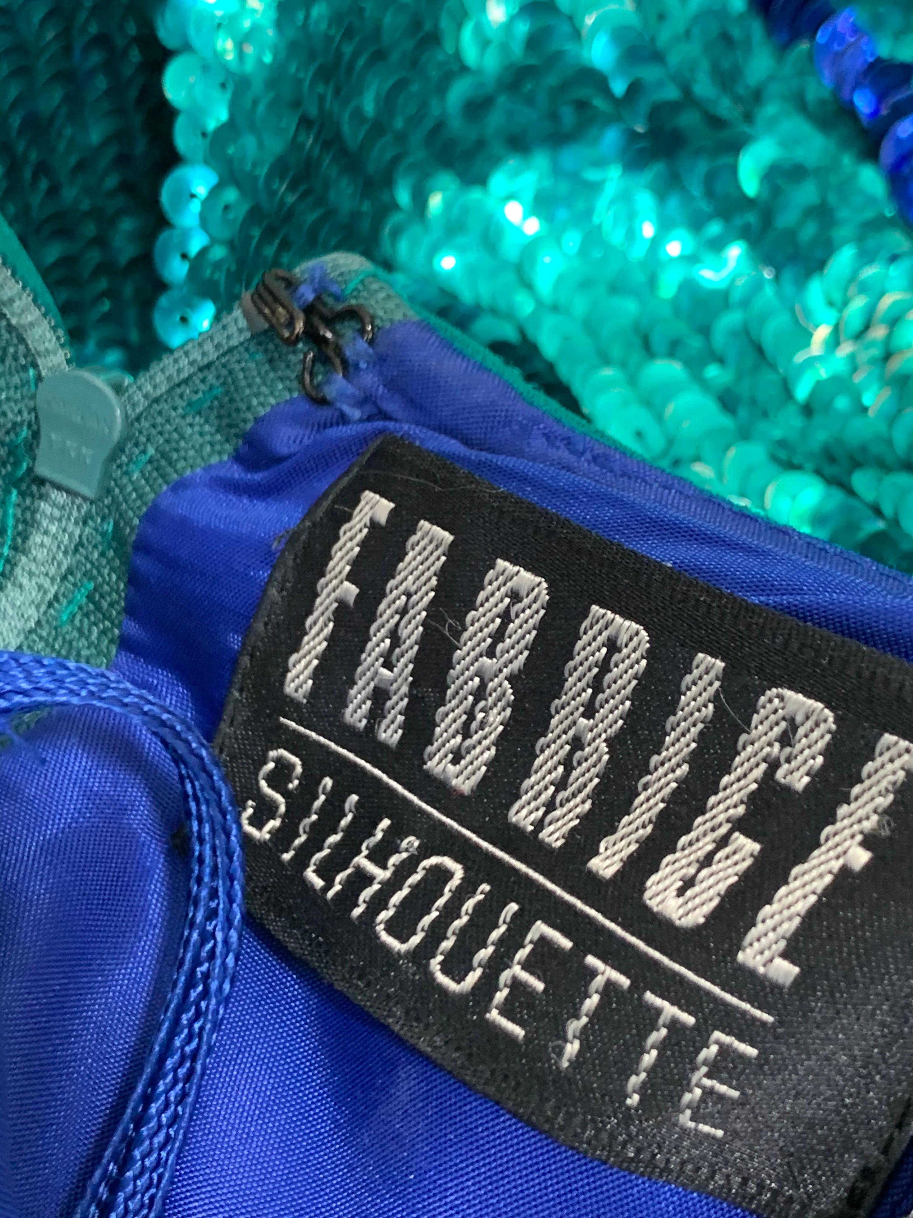 1980 Fabrice Lagoon Blue Sequin & Satin Abito senza spalline con peplo voluminoso in vendita 9
