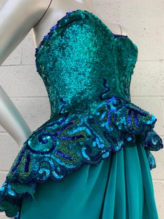 1980 Fabrice Lagoon Blue Sequin & Satin Strapless Gown w/ Voluminous Peplum