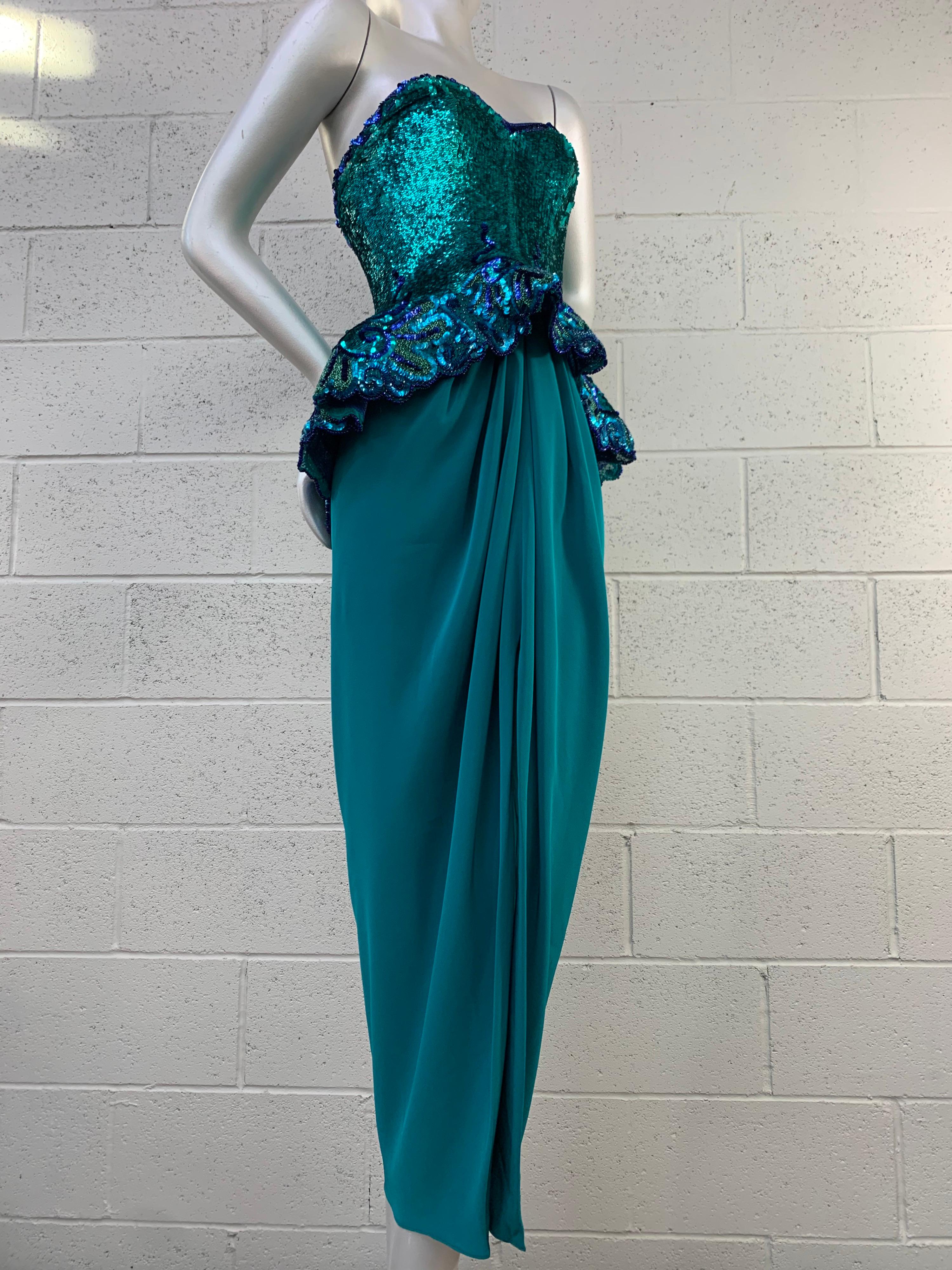 1980 Fabrice Lagoon Blue Sequin & Satin Abito senza spalline con peplo voluminoso In condizioni ottime in vendita a Gresham, OR