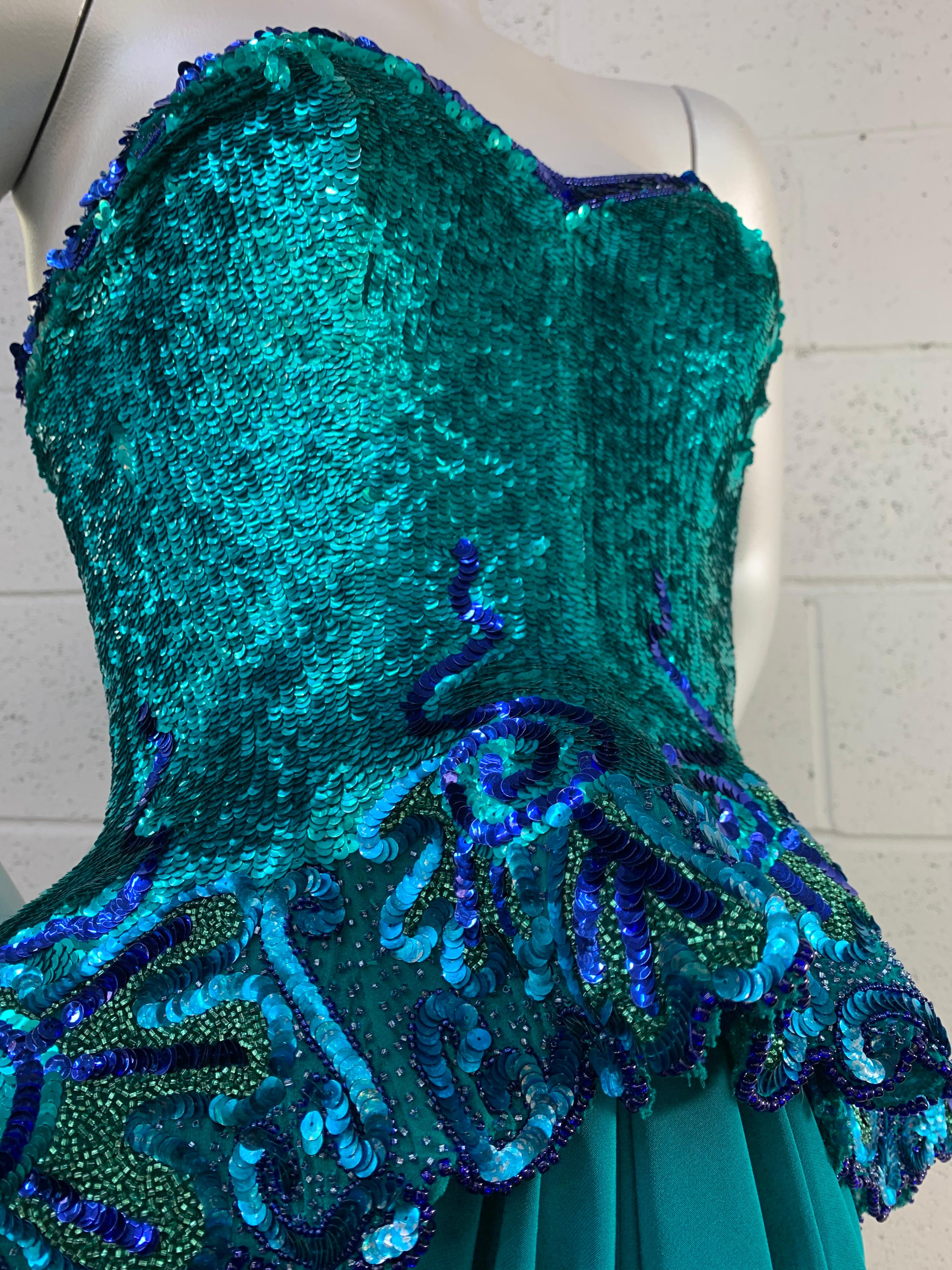 1980 Fabrice Lagoon Blue Sequin & Satin Strapless Gown w/ Voluminous Peplum In Excellent Condition For Sale In Gresham, OR