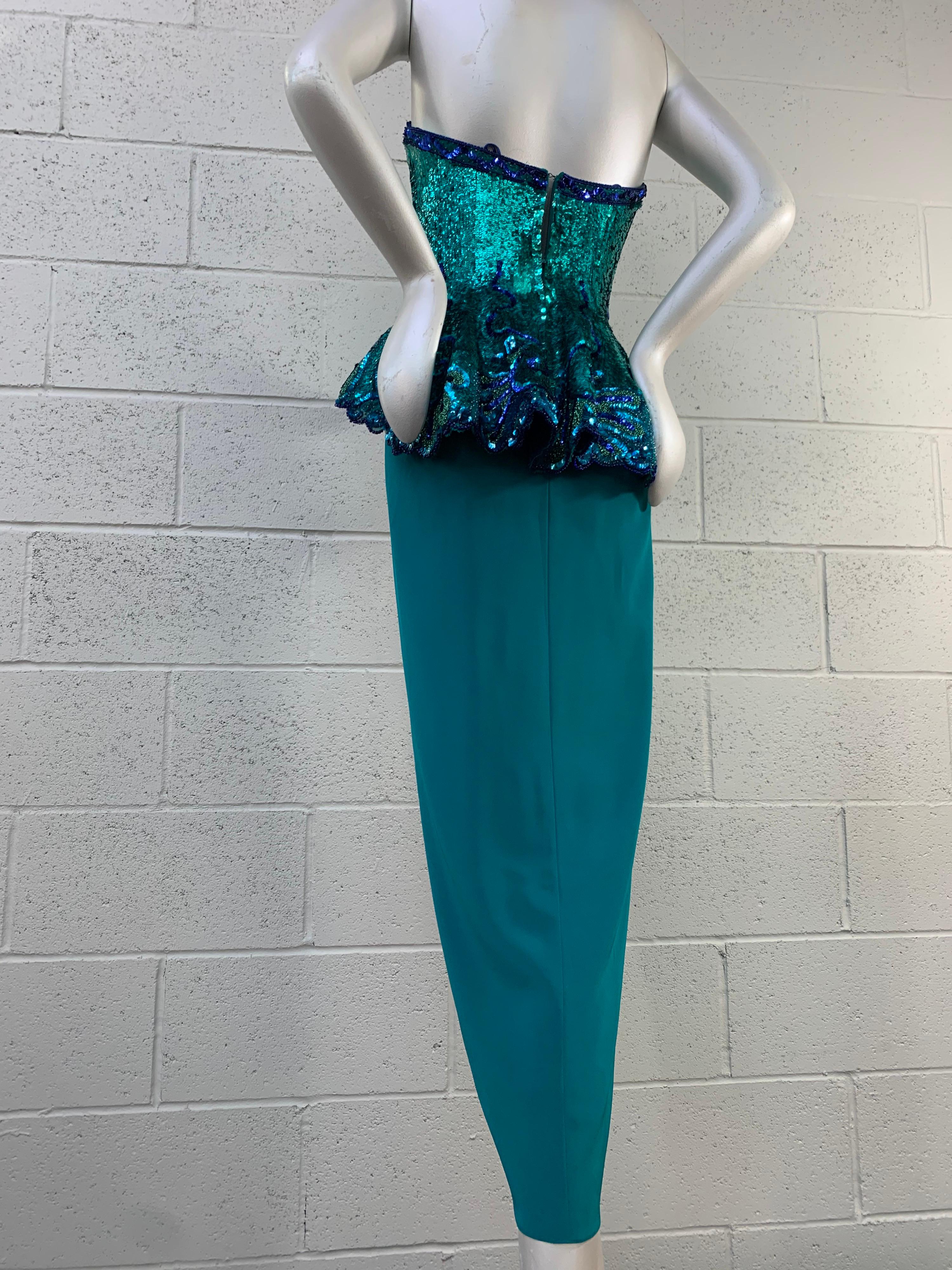 1980 Fabrice Lagoon Blue Sequin & Satin Strapless Gown w/ Voluminous Peplum For Sale 1