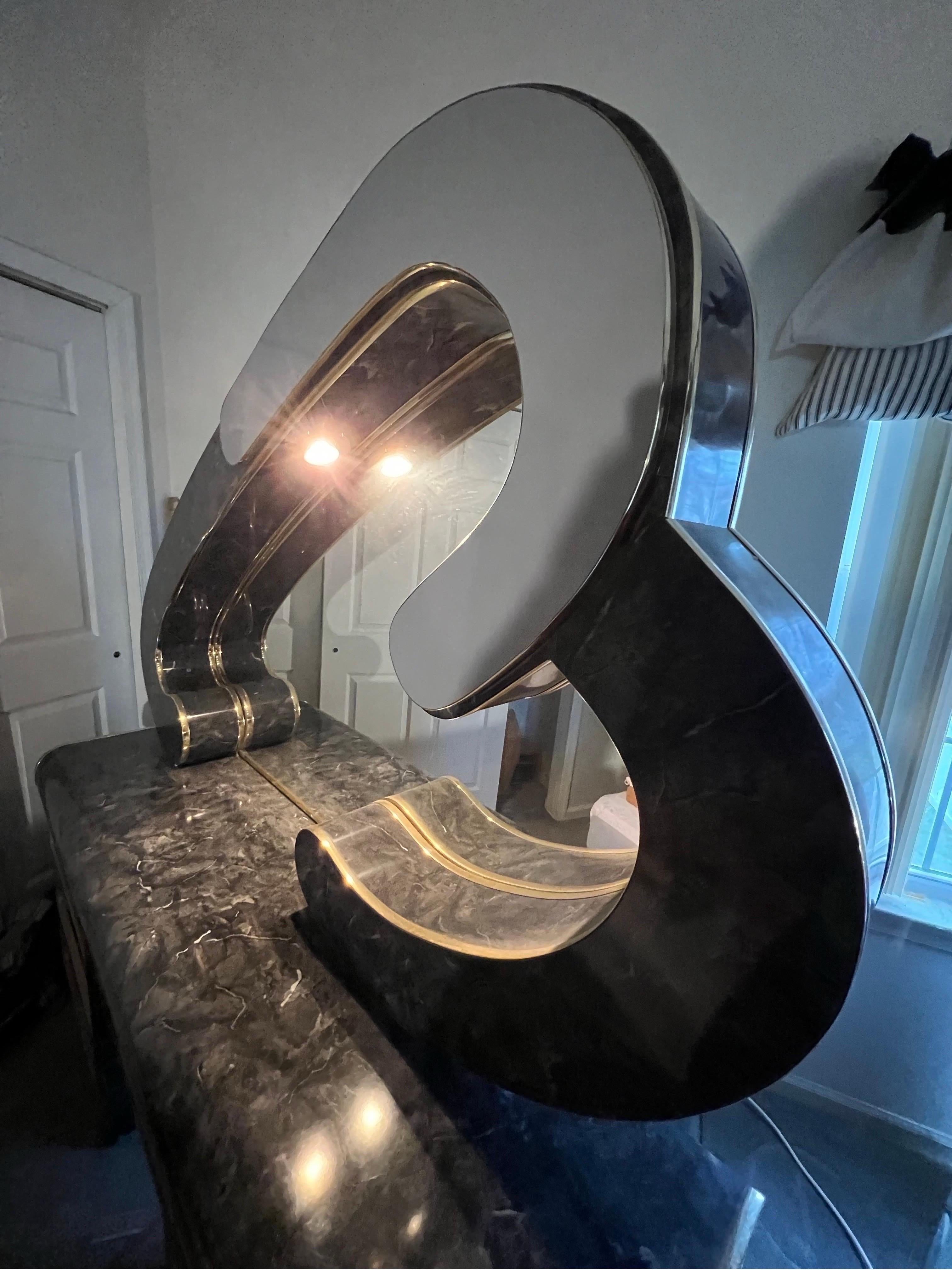 Post-Modern 1980 Faux Marble Heart Black Laminate Mirror Vanity Dresser For Sale