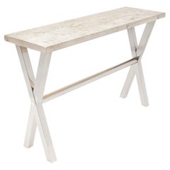 1980 French Modernist Console Table with Chrome Base and Marble Top