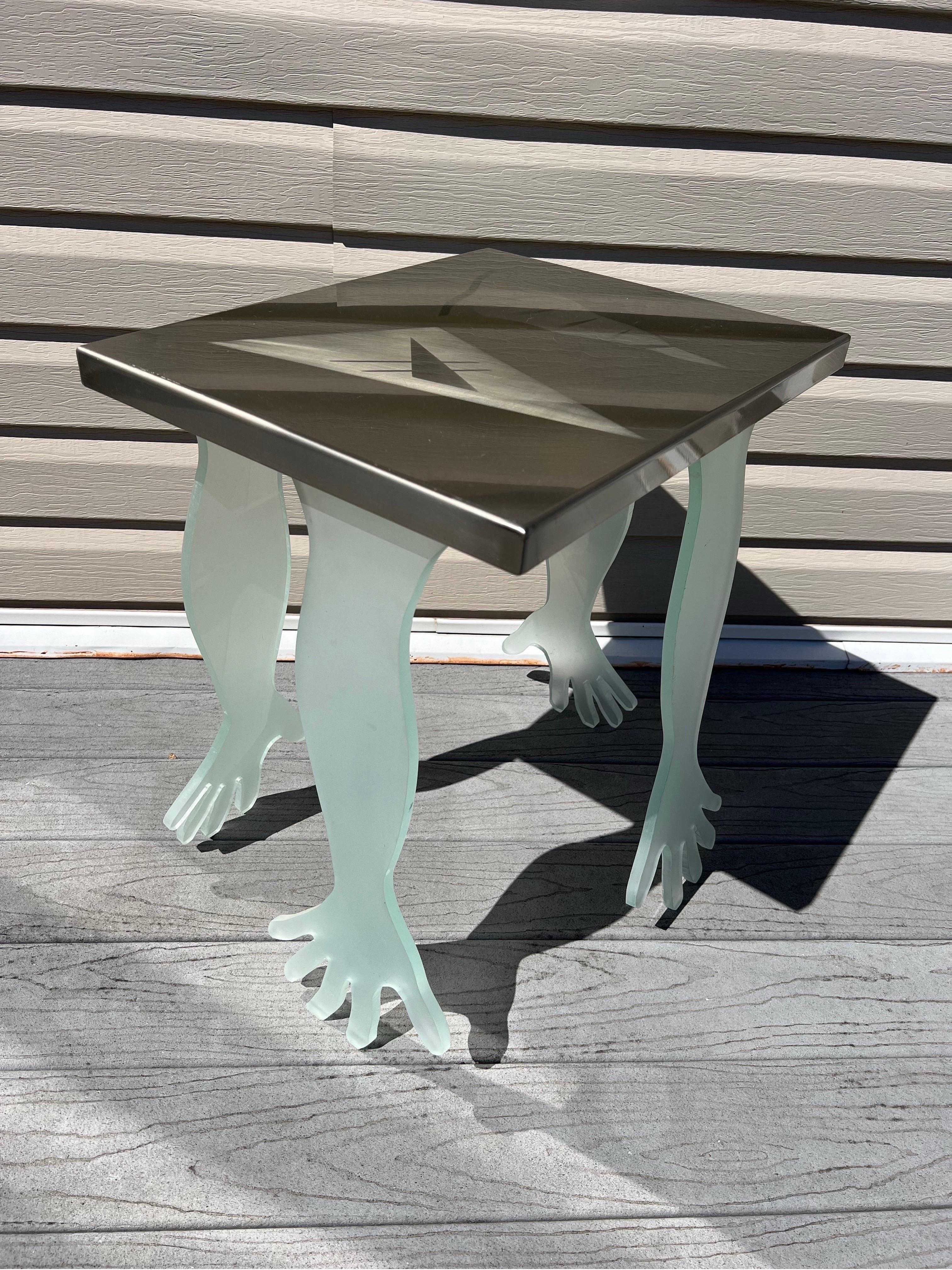 1980 Frosted Glass Hands Table, custom made by a local artist in New Jersey. A very unique piece to add in any space
