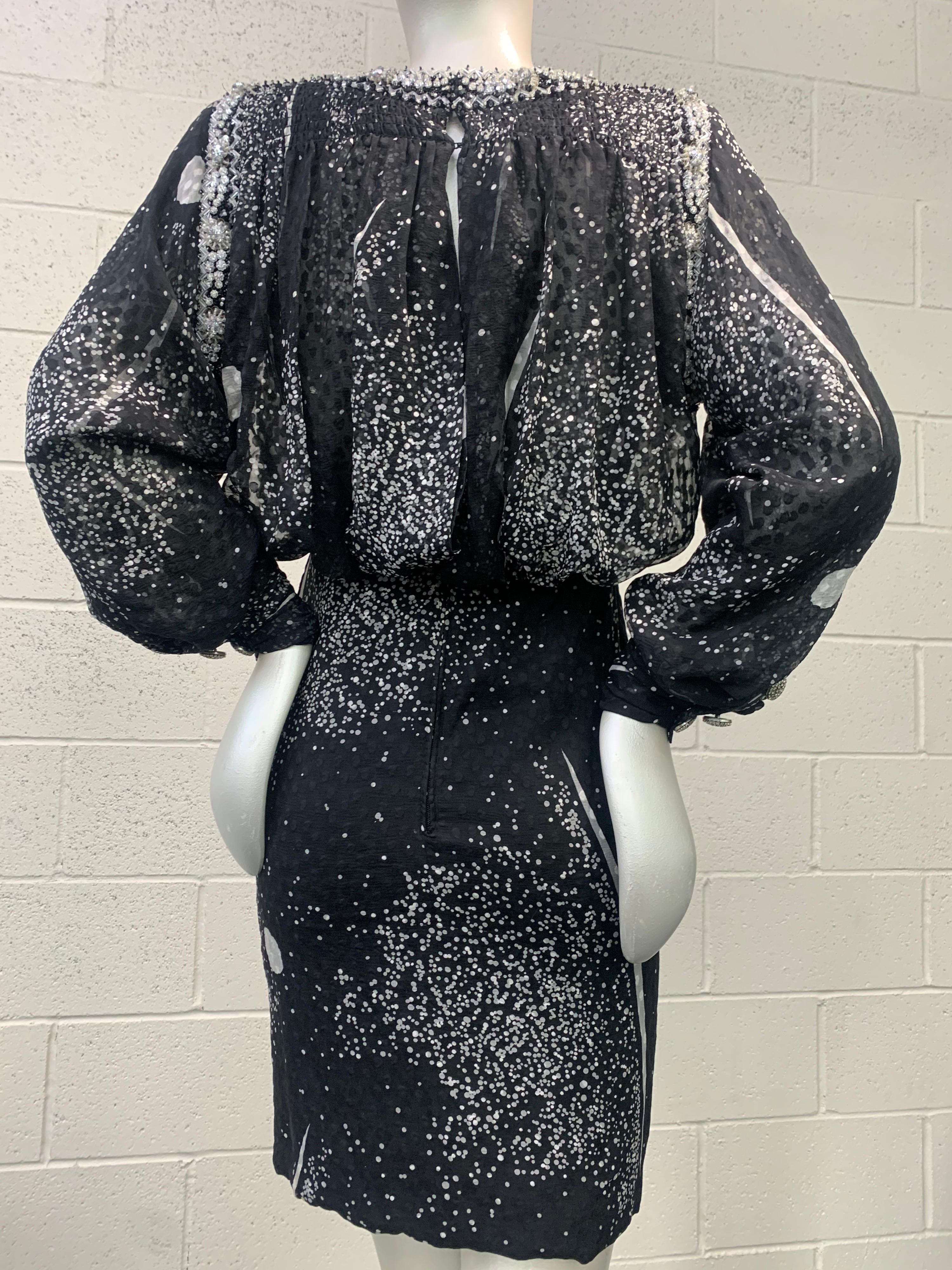 1980 Galanos Silk Chiffon Print Bold Shoulder Cocktail Dress W/ Crystal Beading For Sale 3