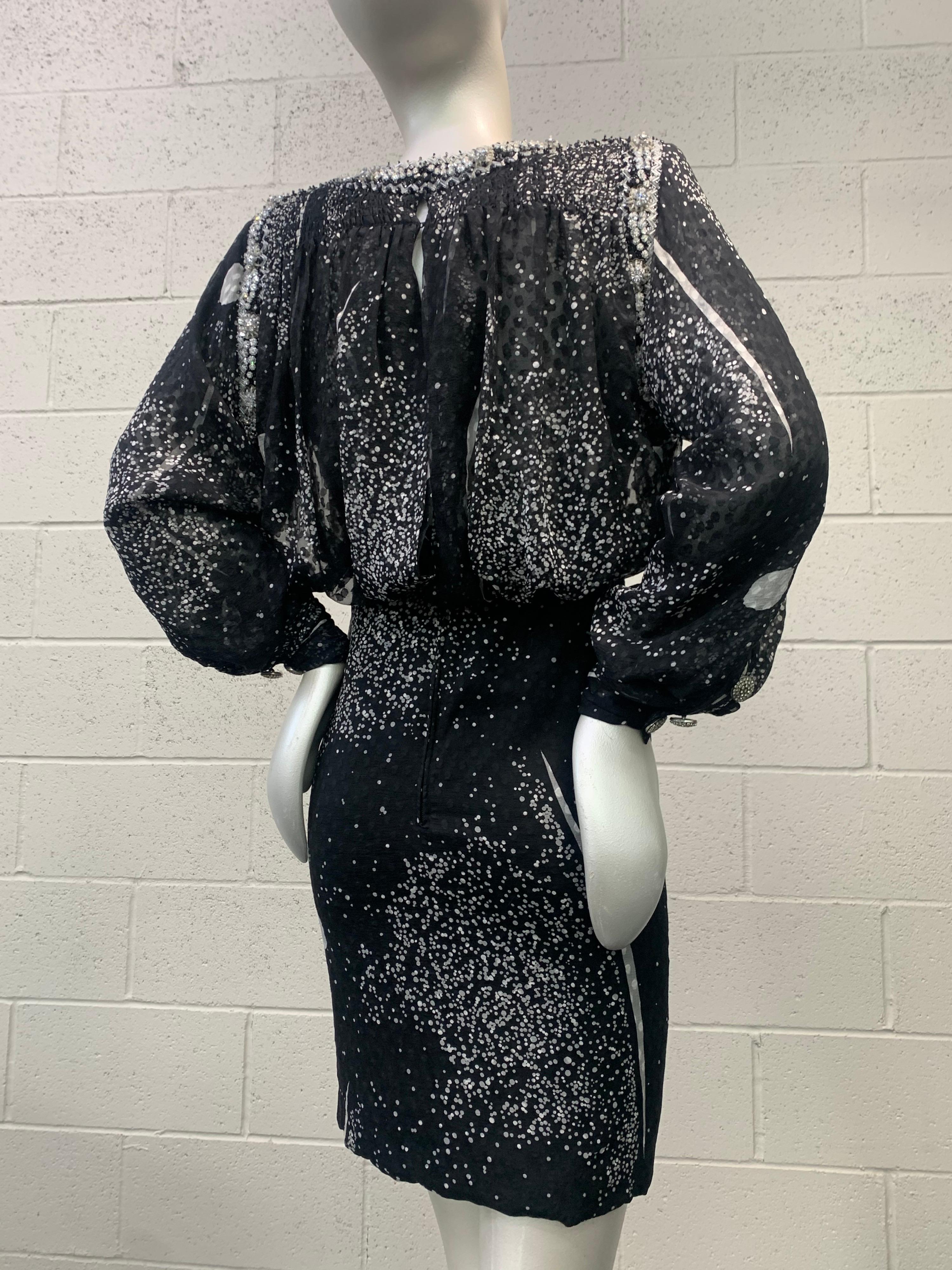 1980 Galanos Silk Chiffon Print Bold Shoulder Cocktail Dress W/ Crystal Beading For Sale 4