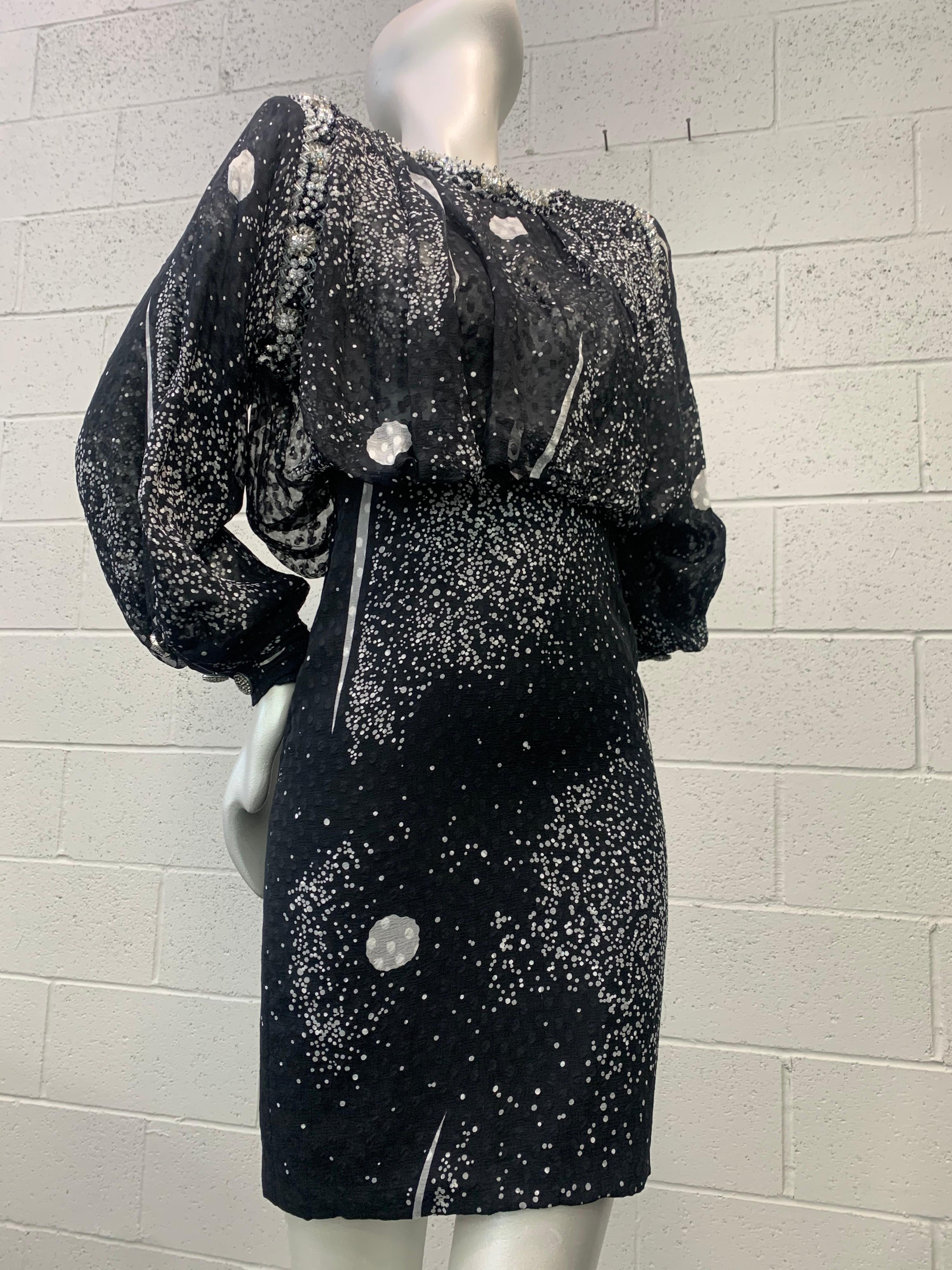 1980 Galanos Silk Chiffon Print Bold Shoulder Cocktail Dress W/ Crystal Beading For Sale 8