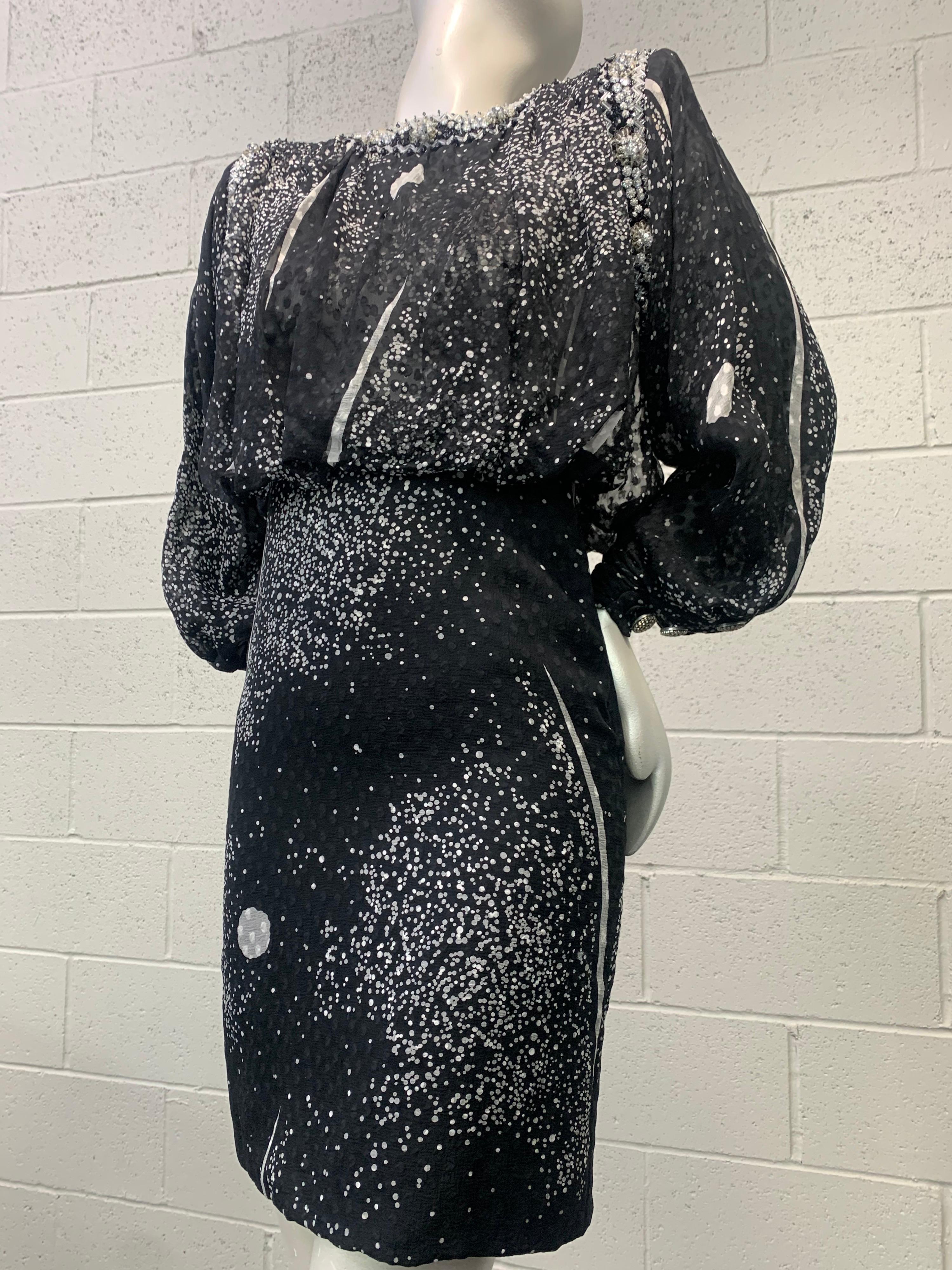 1980 Galanos Silk Chiffon Print Bold Shoulder Cocktail Dress W/ Crystal Beading For Sale 9