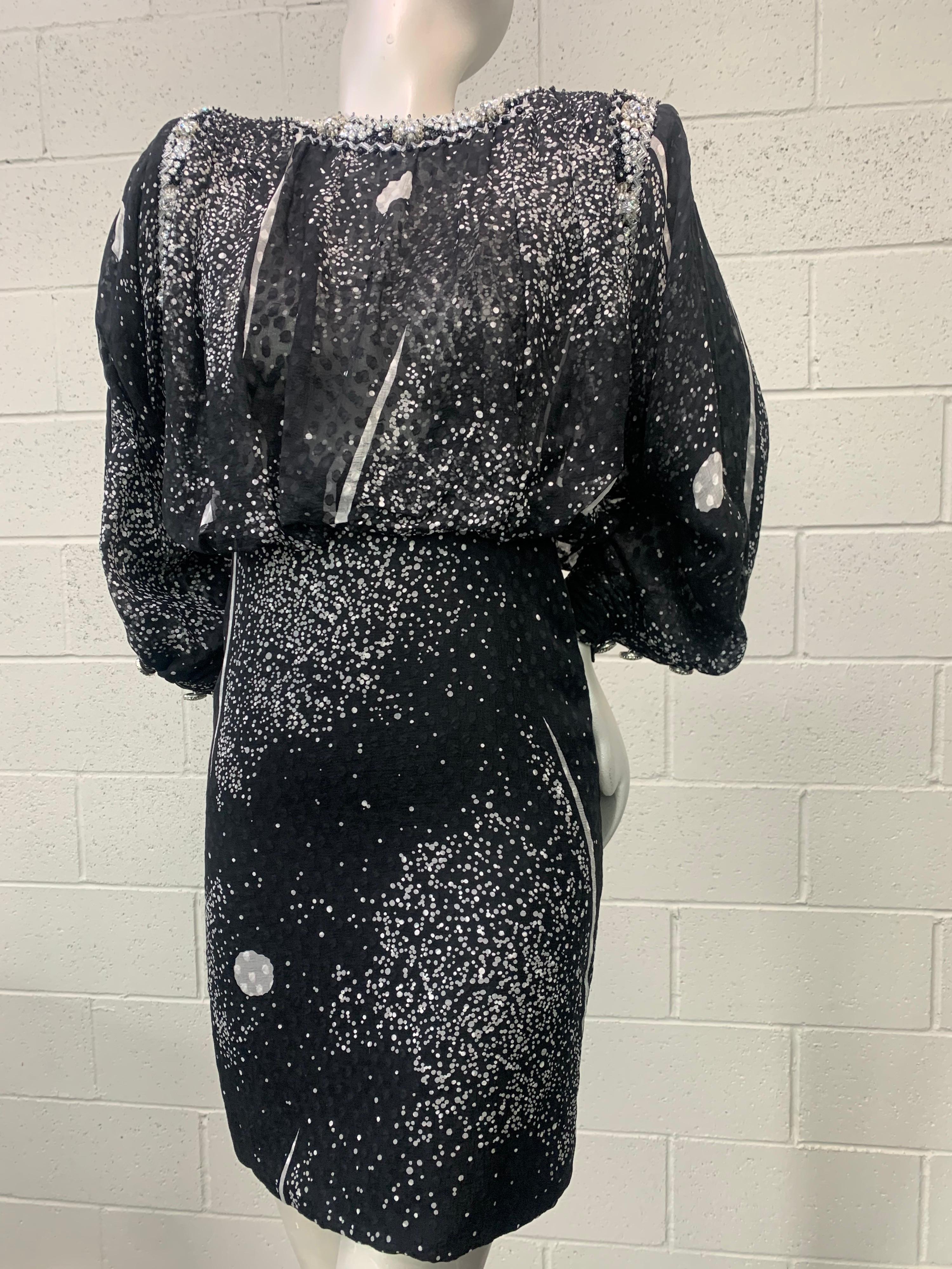 James Galanos 1980s silk devore cocktail dress embellished with a universe of crystals, beads and bling!  A bold 80s high-syle shoulder silhouette with a draped bodice and fitted waist--fabulous! Modern size 4. 