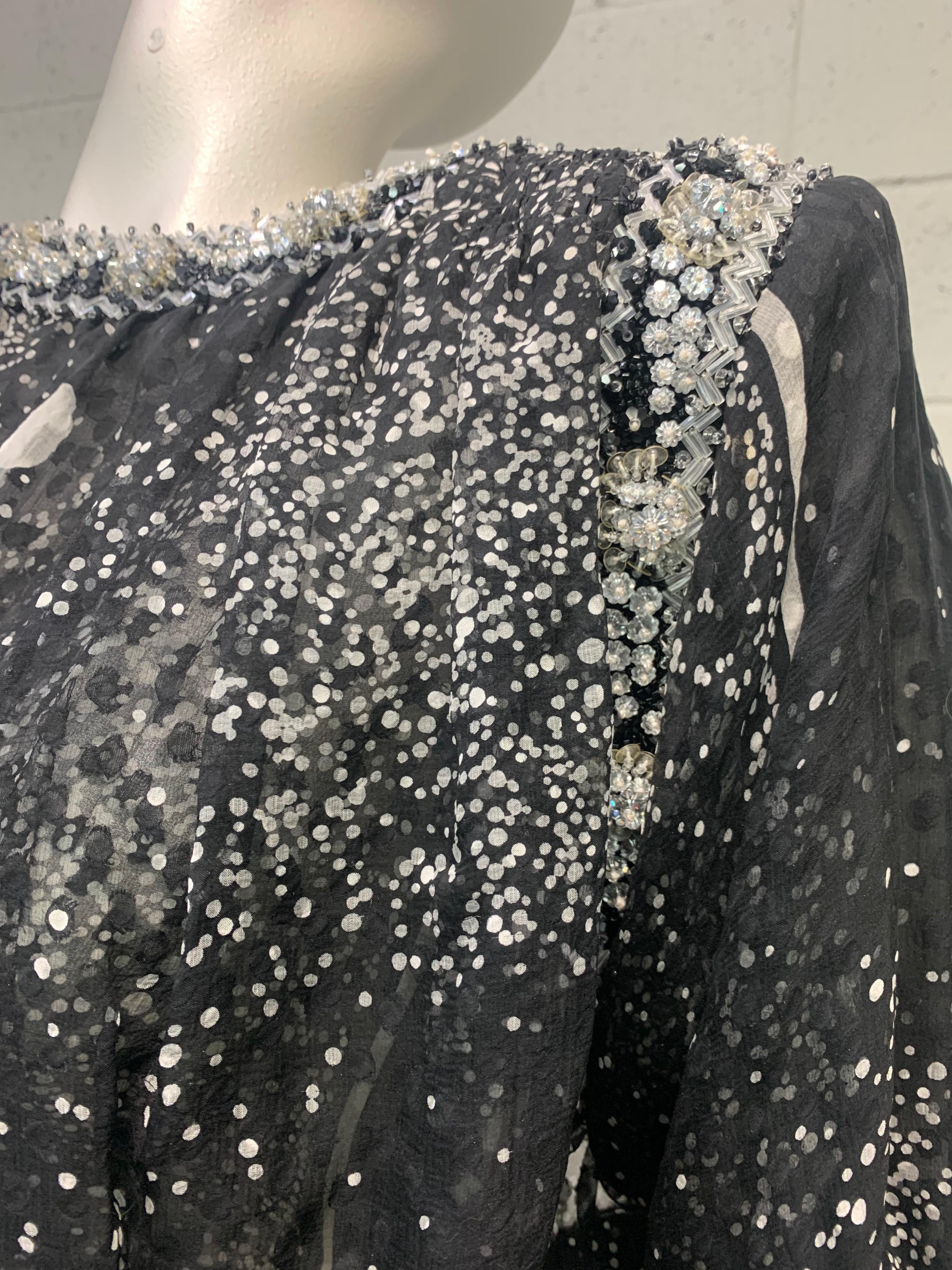 Black 1980 Galanos Silk Chiffon Print Bold Shoulder Cocktail Dress W/ Crystal Beading For Sale