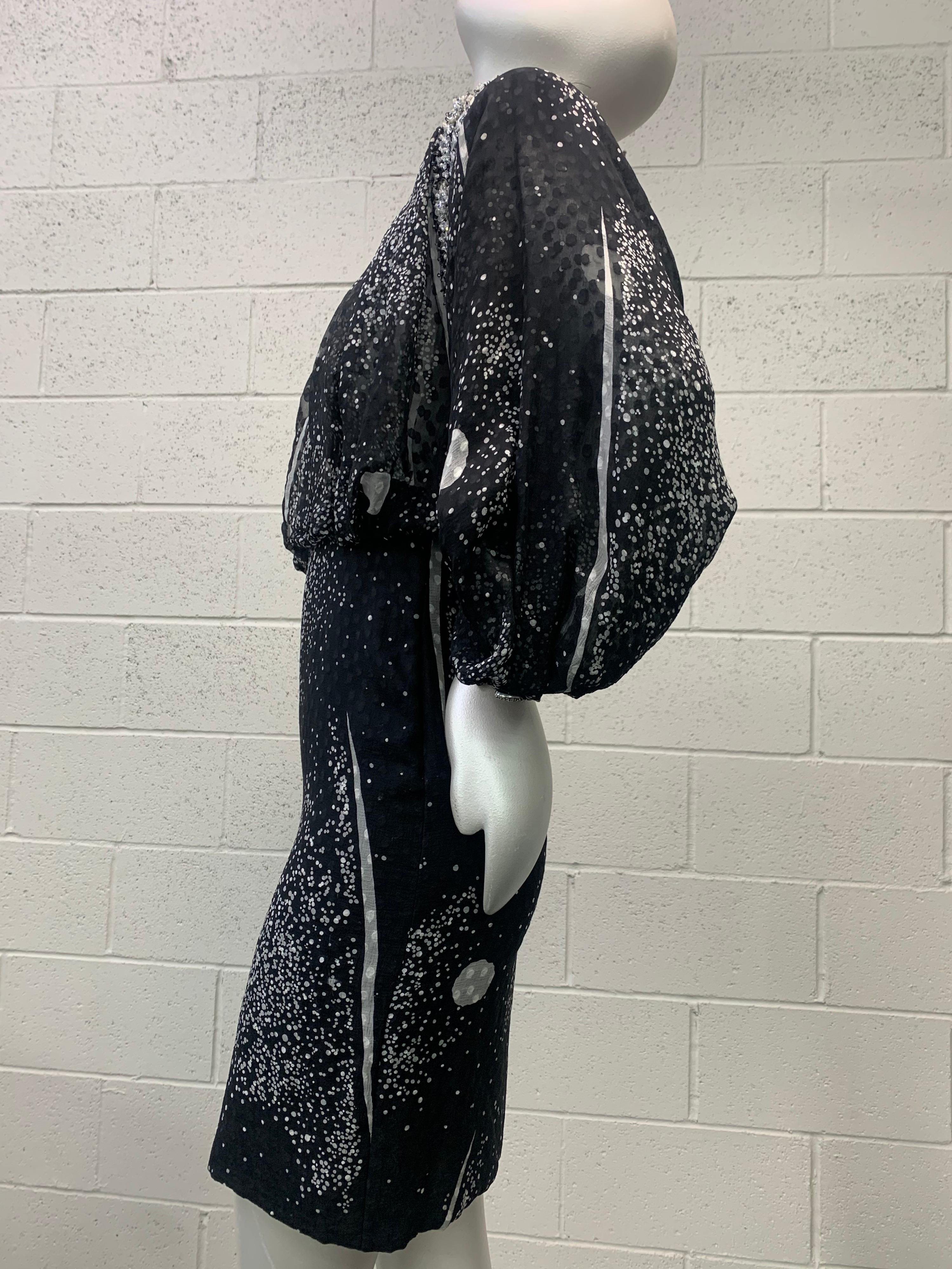 Women's 1980 Galanos Silk Chiffon Print Bold Shoulder Cocktail Dress W/ Crystal Beading For Sale