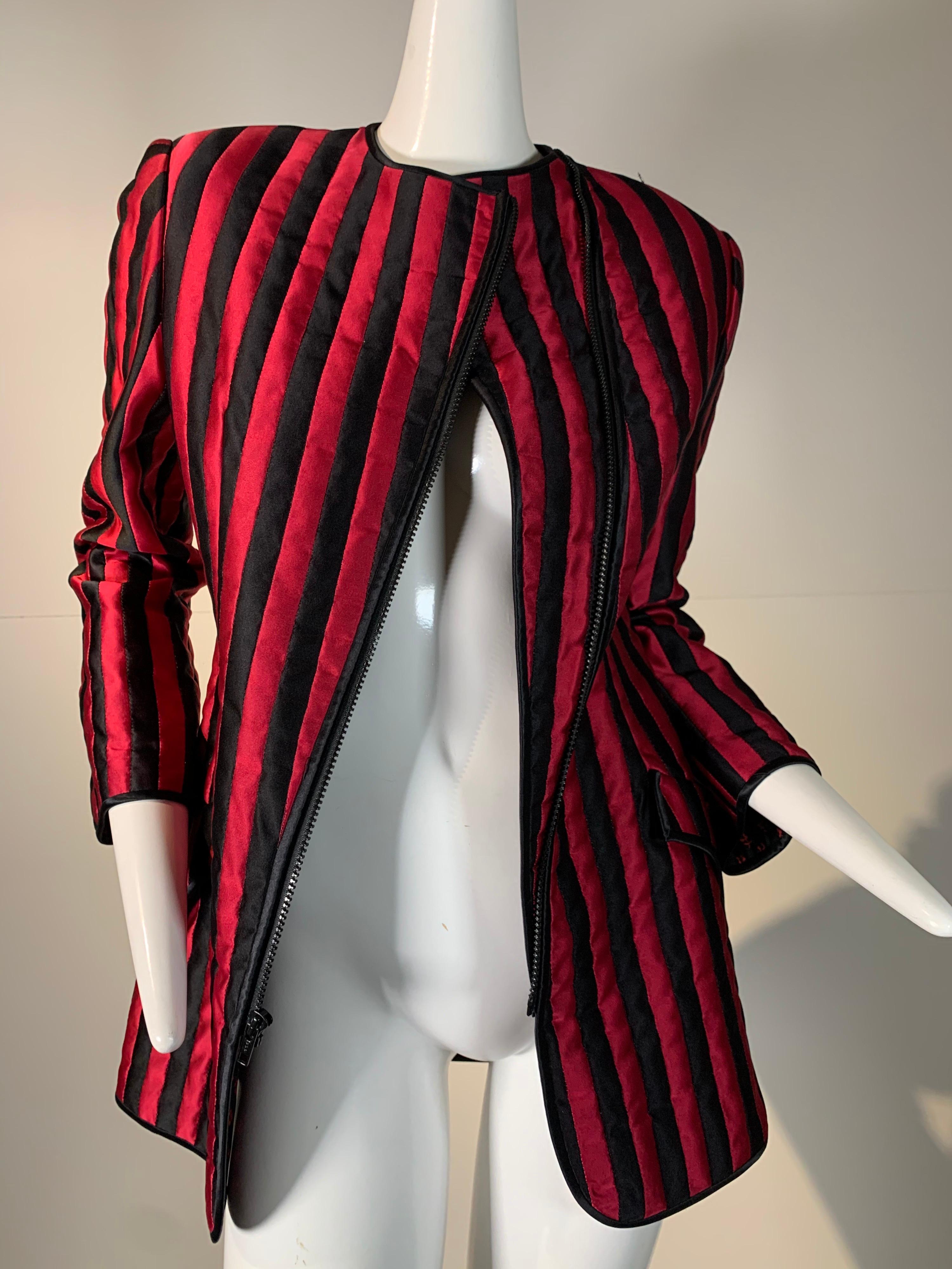 1980 Geoffrey Beene Red & Black Silk Stripe Asymmetrical Zip Smoking Jacket  5