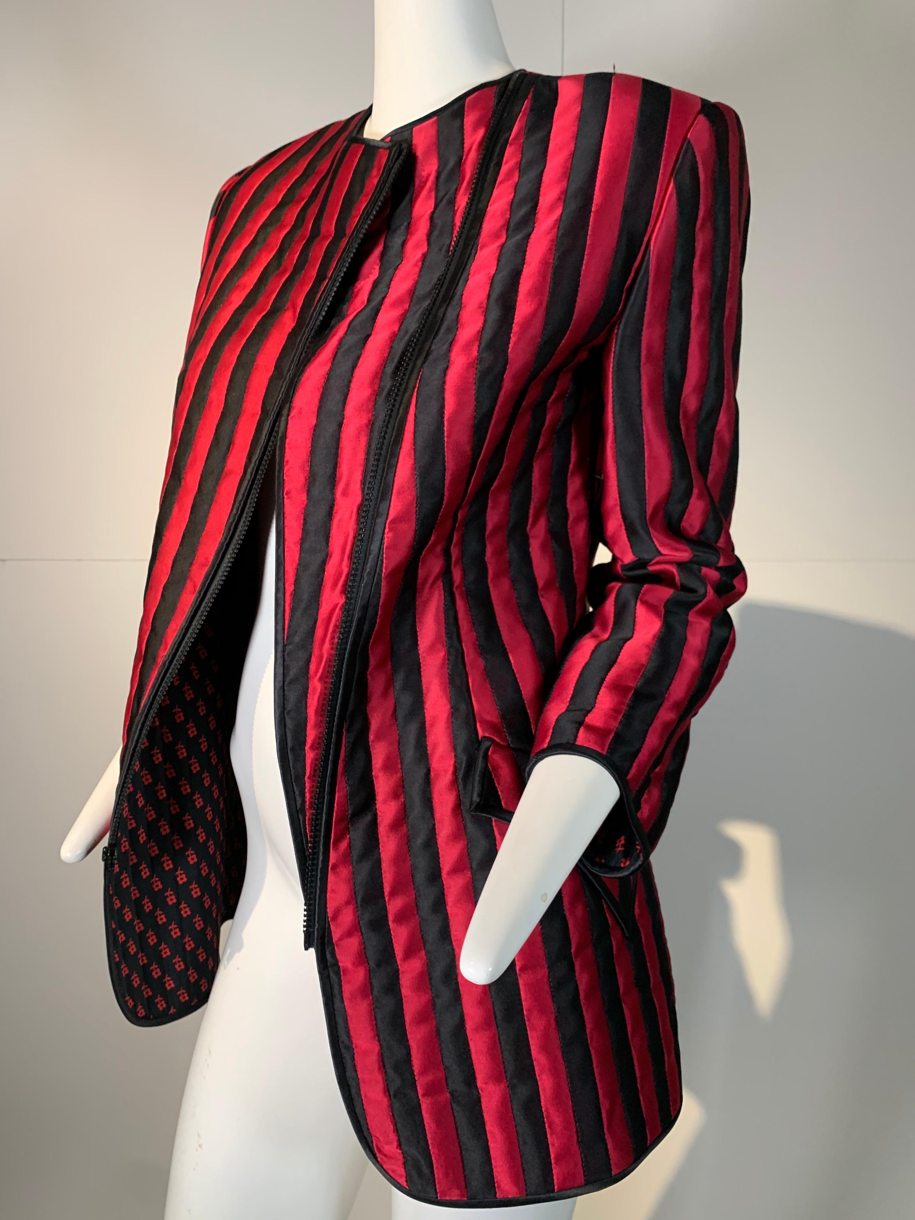 1980 Geoffrey Beene Red & Black Silk Stripe Asymmetrical Zip Smoking Jacket  6