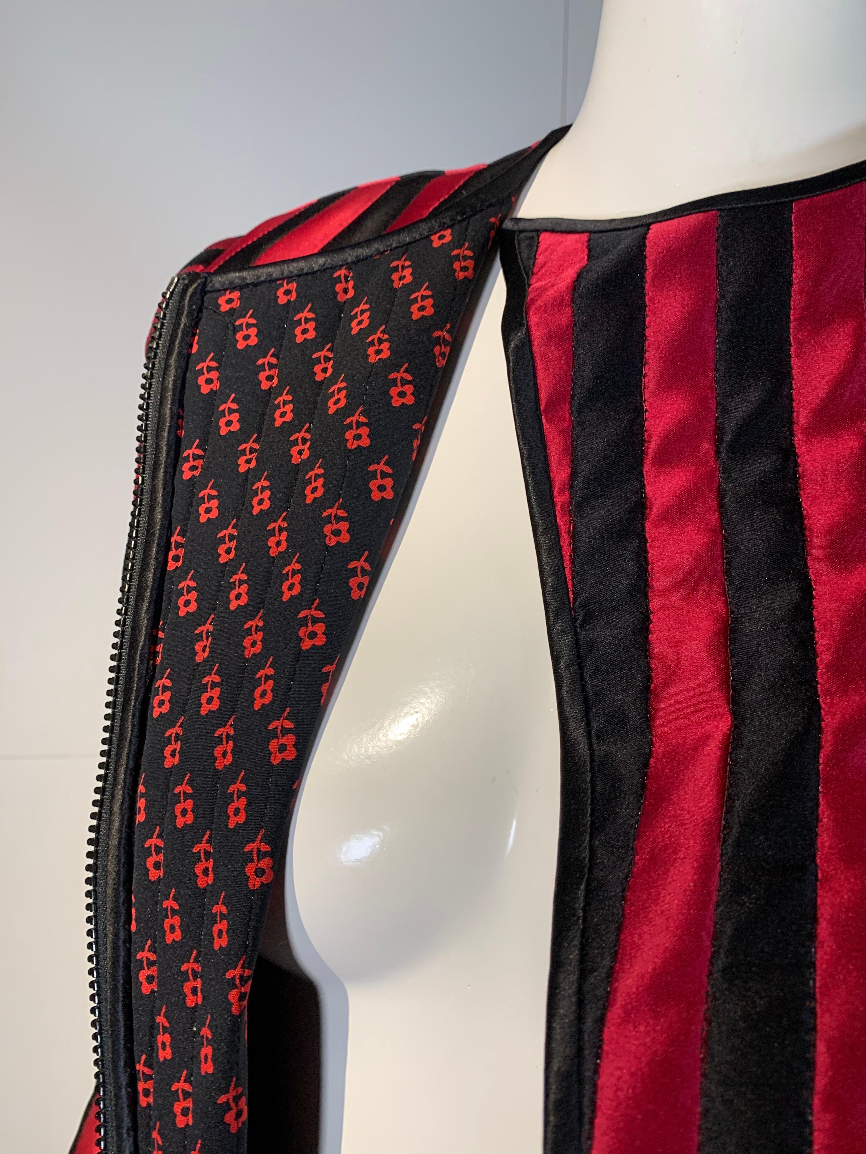 1980 Geoffrey Beene Red & Black Silk Stripe Asymmetrical Zip Smoking Jacket  7