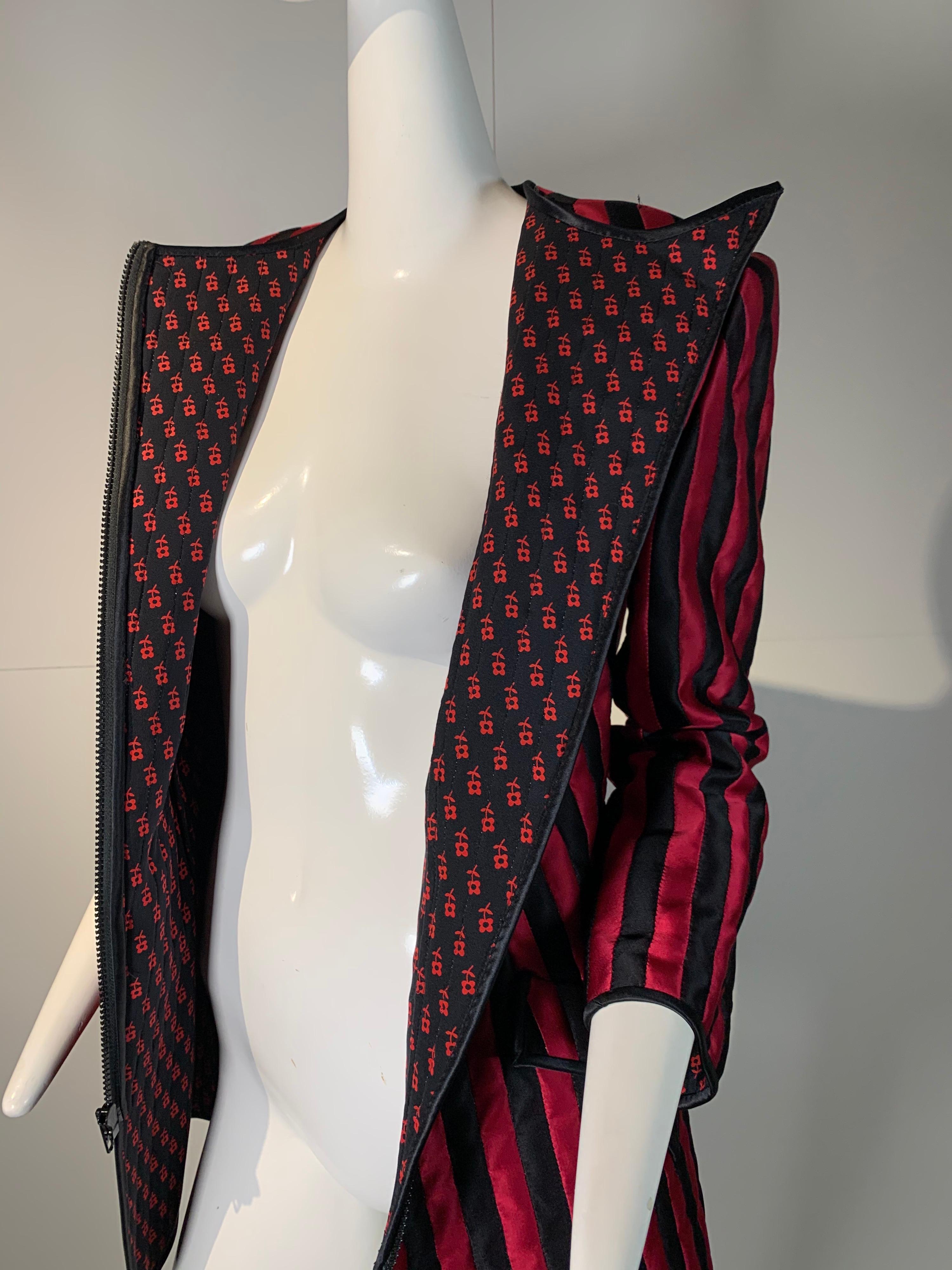1980 Geoffrey Beene Red & Black Silk Stripe Asymmetrical Zip Smoking Jacket  8