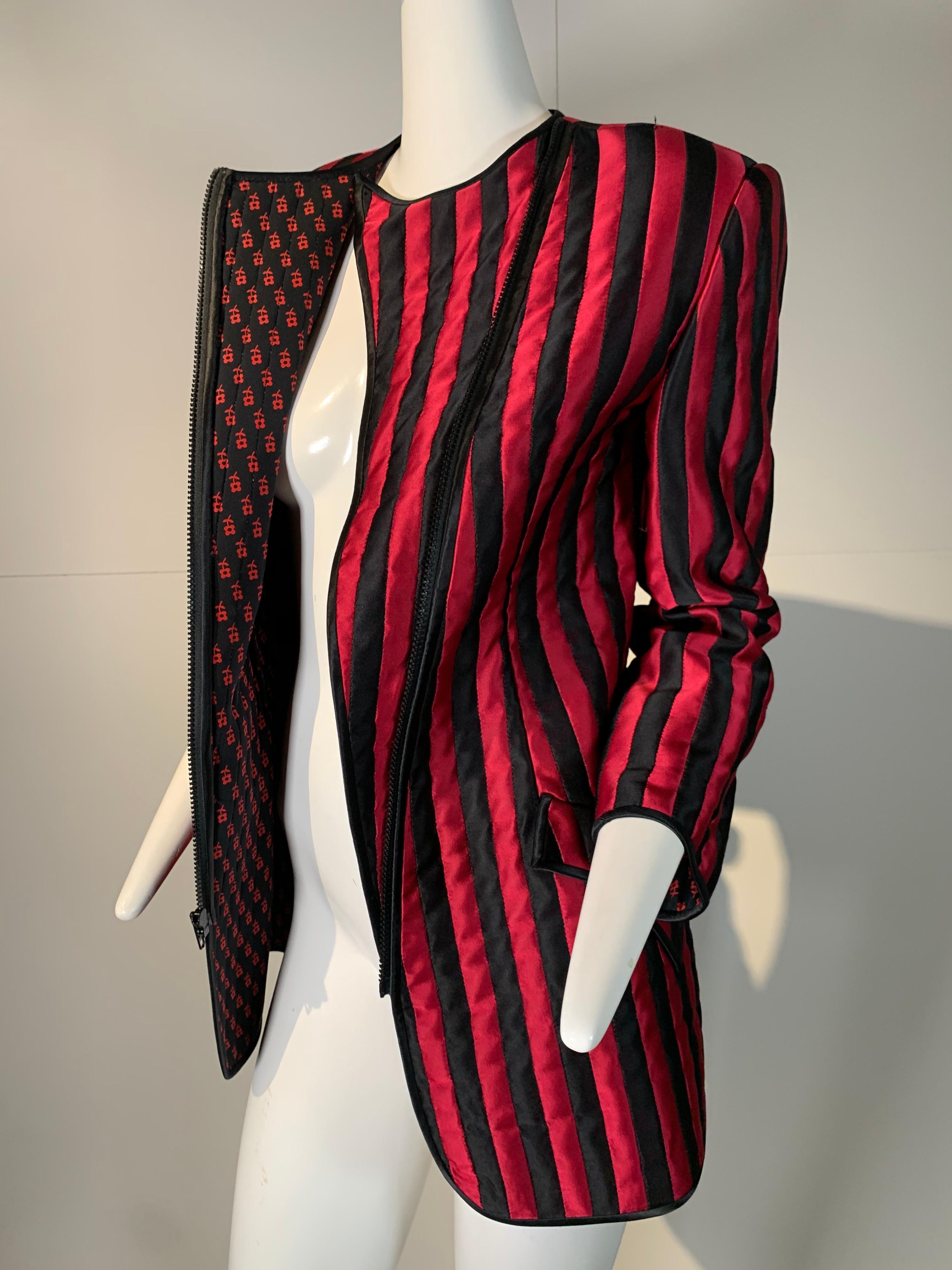 1980 Geoffrey Beene Red & Black Silk Stripe Asymmetrical Zip Smoking Jacket  9